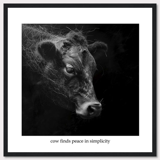 This image features a serene black and white portrait of a cow, captured in a moment of tranquility. The cow's detailed fur and calm expression are highlighted against a dark background, emphasizing its peaceful demeanor. The photograph is framed with a simple black border and includes the caption "cow finds peace in simplicity" at the bottom.