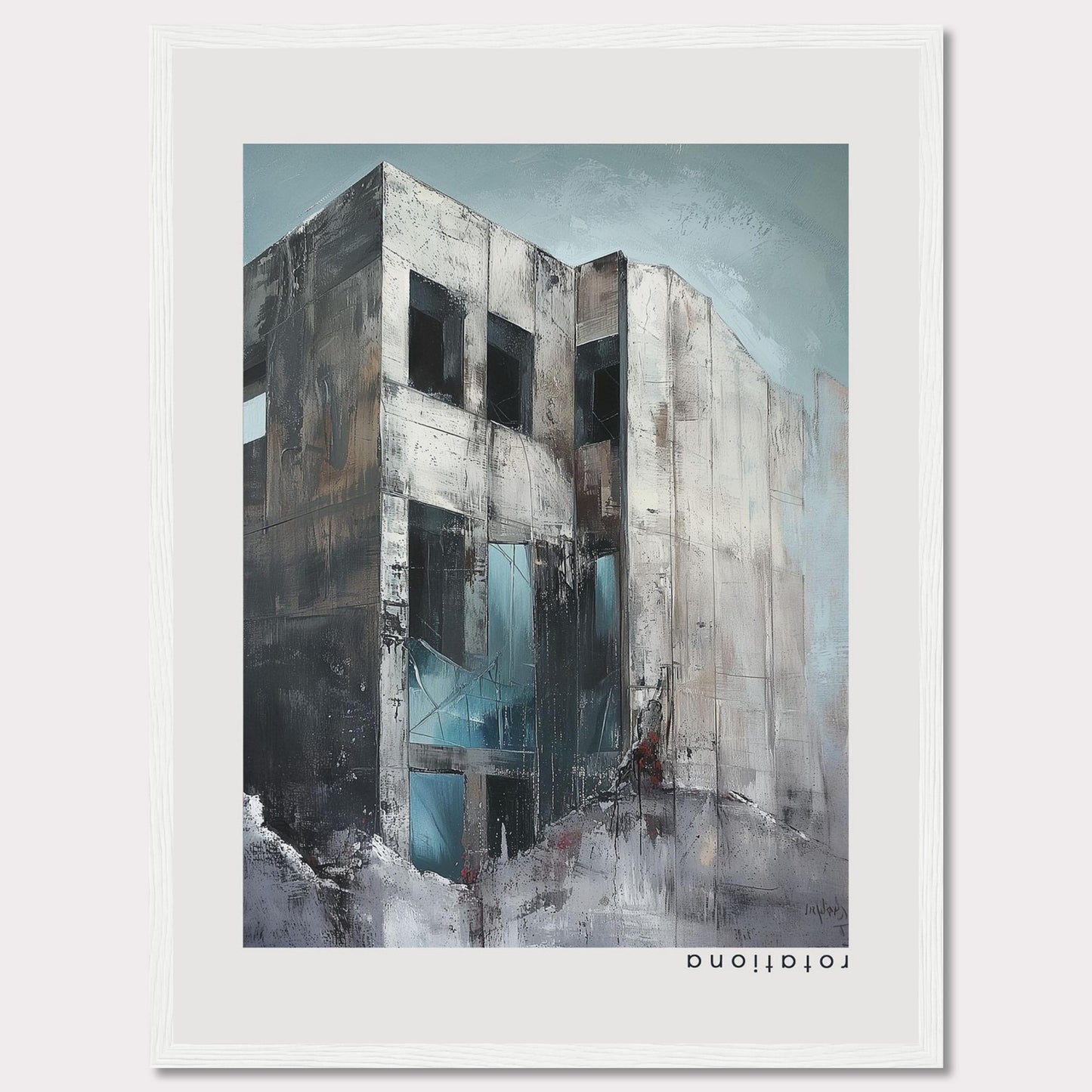 This striking artwork captures a modern, abstract building with a raw and industrial aesthetic. The painting features a weathered facade with large, dark windows, and a mix of cool and neutral tones that evoke a sense of mystery and intrigue.