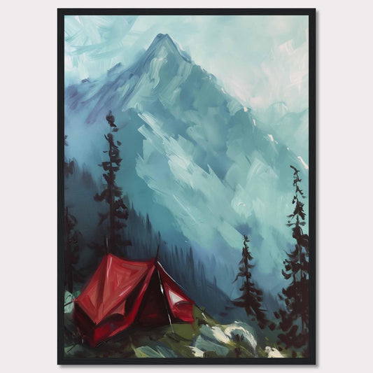 This captivating painting depicts a serene mountain landscape with a vibrant red tent pitched among tall pine trees. The majestic mountain in the background is shrouded in mist, adding a sense of mystery and tranquility to the scene. The contrast between the bold red tent and the cool blue tones of the mountain creates a striking visual effect.