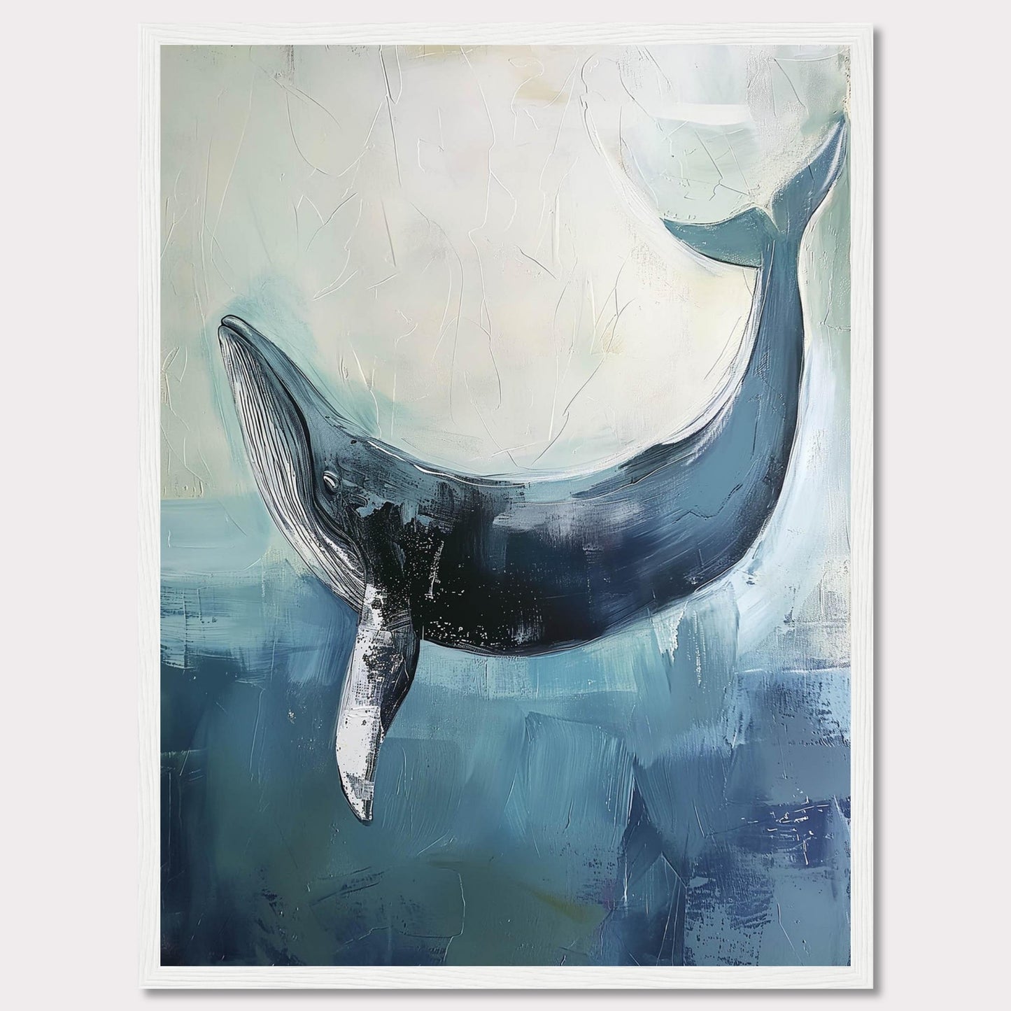 This image showcases a stunning painting of a whale gracefully swimming in the ocean. The artwork captures the serene beauty and majesty of the whale, set against a backdrop of soothing blue and white hues. The texture and brushstrokes add depth and movement to the piece, making it an eye-catching addition to any space.