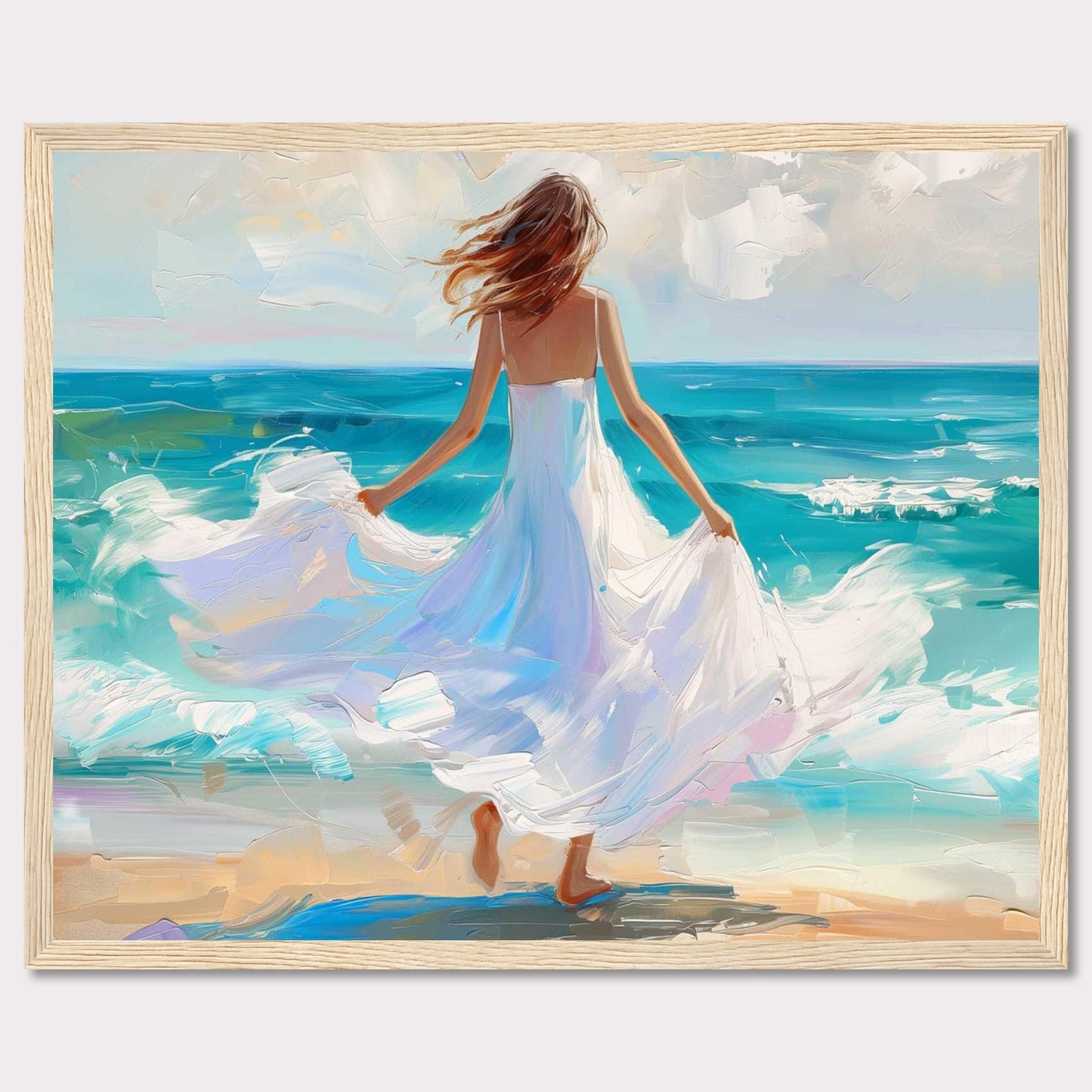 This stunning painting captures a serene moment of a woman in a flowing white dress standing at the edge of the ocean, with waves gently crashing onto the shore. The vibrant colors and dynamic brushstrokes bring this scene to life, evoking a sense of peace and freedom.