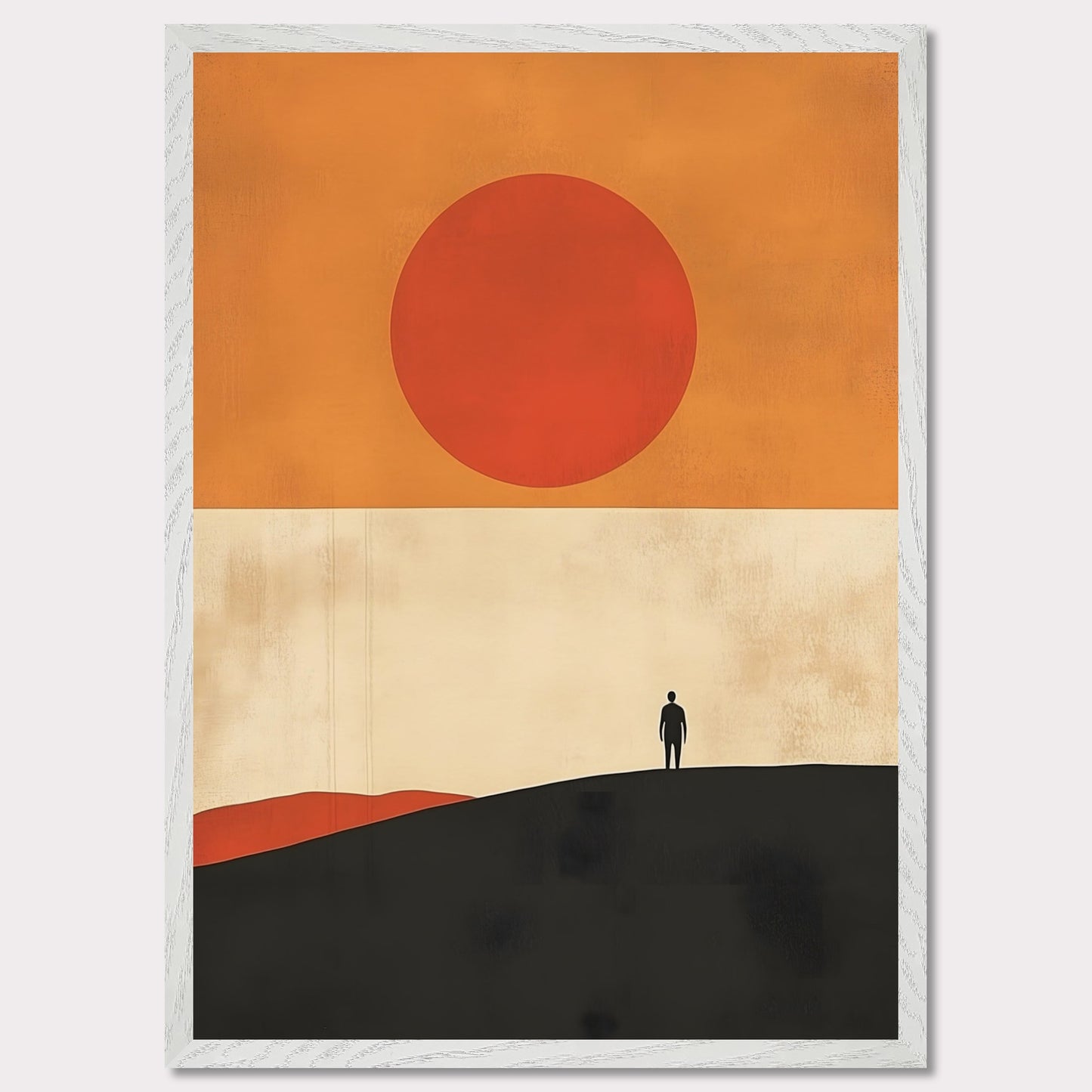 A striking minimalist artwork that conveys a sense of isolation and reflection. A lone figure stands on a hill under an oversized sun, evoking themes of wanderlust, contemplation, and the vastness of the world. The warm tones and simple composition give it a timeless, meditative feel.