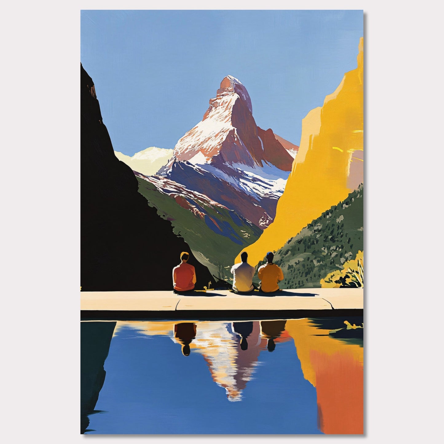 This poster takes us on a serene retreat to the breathtaking landscapes of the Swiss Alps, with the iconic Matterhorn standing proudly as the centerpiece. Three figures sit quietly at the edge of a calm reflecting pool, their silhouettes harmonizing with the tranquility of the setting. The vivid contrast of golden mountainsides, lush greenery, and the deep blue sky reflects the beauty of untouched nature. This artwork captures the essence of reflection, connection, and the majesty of alpine surroundings.