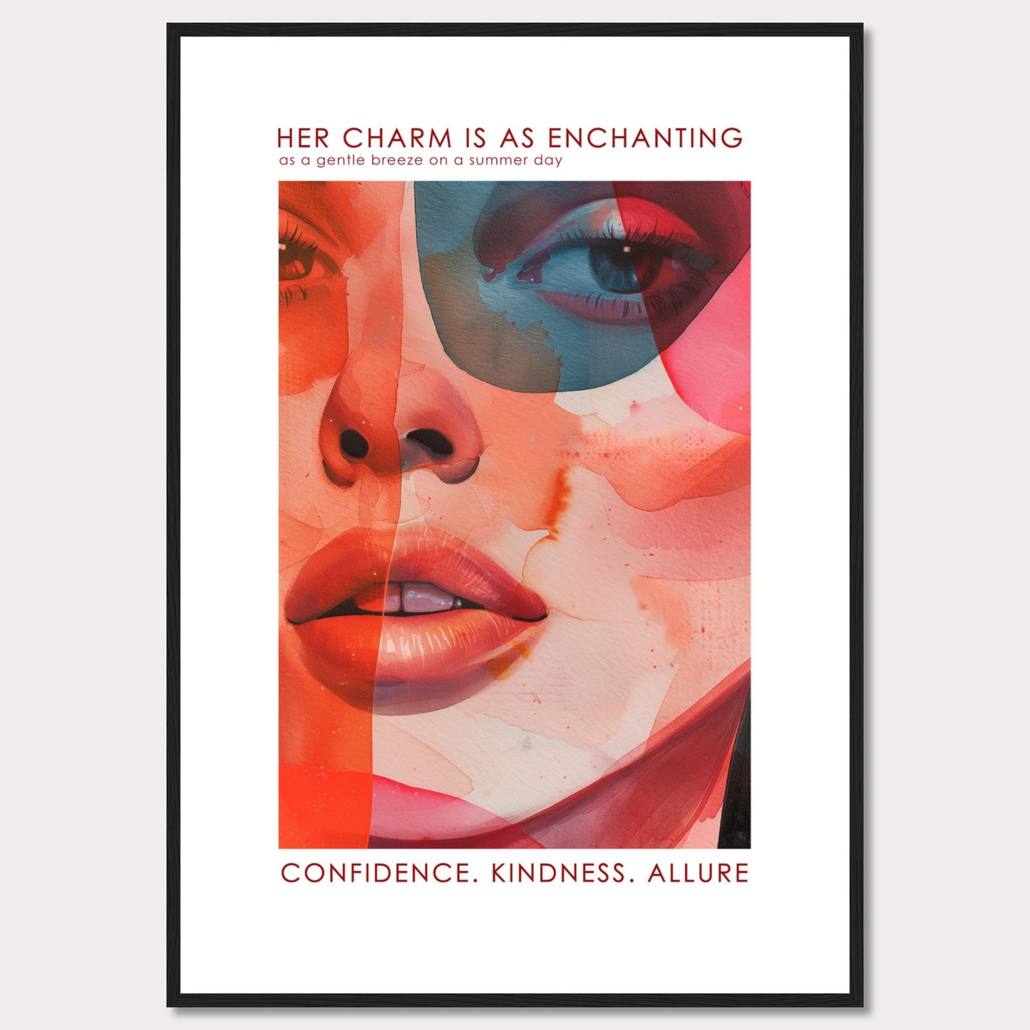 This captivating artwork features a vibrant and abstract portrait of a woman's face, blending warm and cool tones seamlessly. The text at the top reads, "HER CHARM IS AS ENCHANTING as a gentle breeze on a summer day," and at the bottom, it emphasizes "CONFIDENCE. KINDNESS. ALLURE." The image evokes a sense of elegance, mystery, and strength.