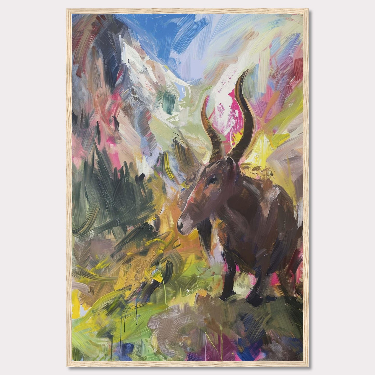 This vibrant painting captures a majestic animal with large horns standing amidst a colorful, abstract landscape. The background features dynamic brushstrokes of mountains, sky, and foliage, blending together in an explosion of colors.