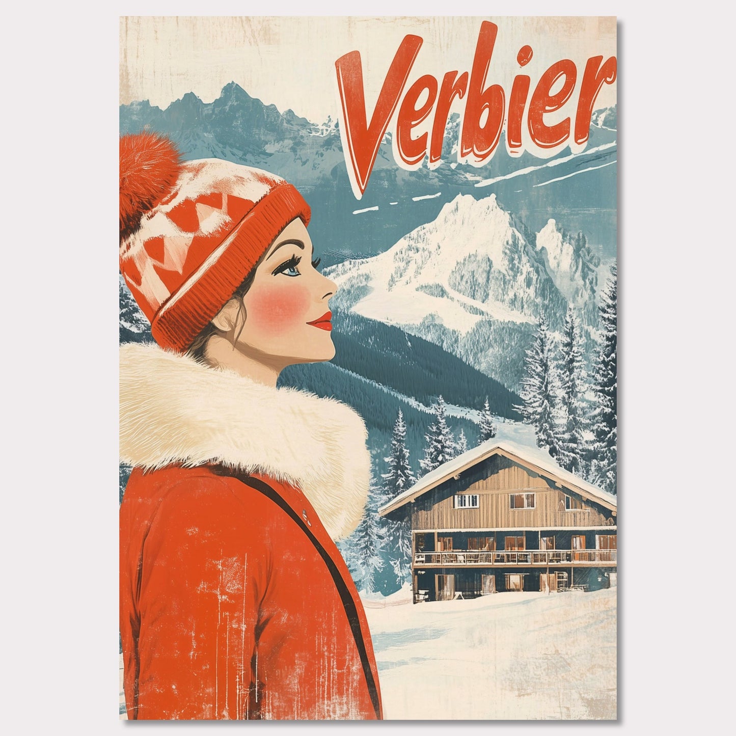 This elegant retro-style poster features a woman in a stylish red winter coat and pom-pom hat, looking towards the majestic Verbier mountains. The soft pastel tones and crisp white snow provide a serene backdrop, while the vintage design and typography evoke a sense of sophistication and timeless charm. The poster conveys the allure of Verbier as both an adventure and a refined escape into nature’s beauty.