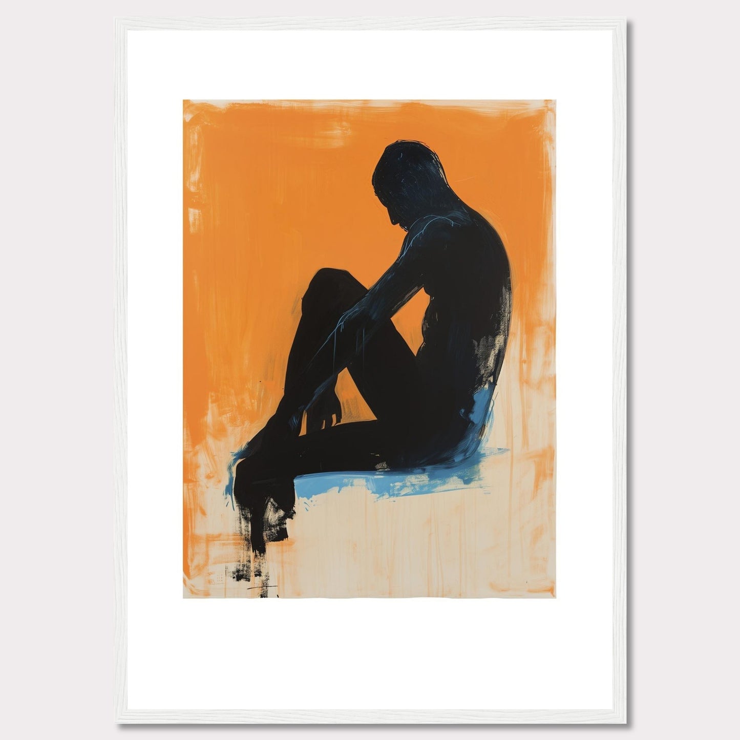 This striking artwork features a silhouette of a seated figure against a vibrant orange background, creating a powerful contrast. The figure is painted in dark tones with hints of blue, adding depth and emotion to the piece.