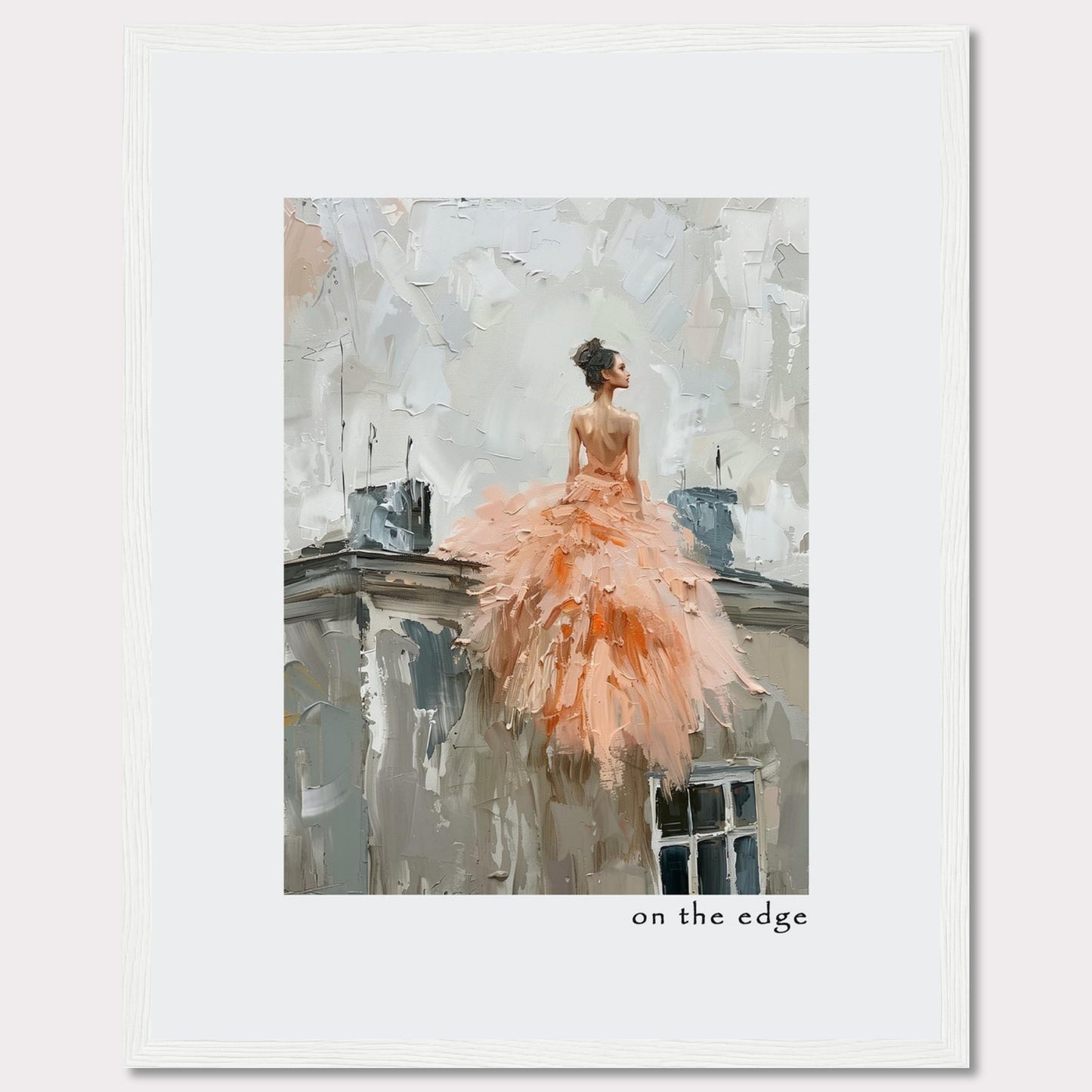 This captivating artwork depicts a woman in a flowing peach dress, standing on the edge of a rooftop. The painting's impressionistic style adds a dreamy, ethereal quality to the scene.