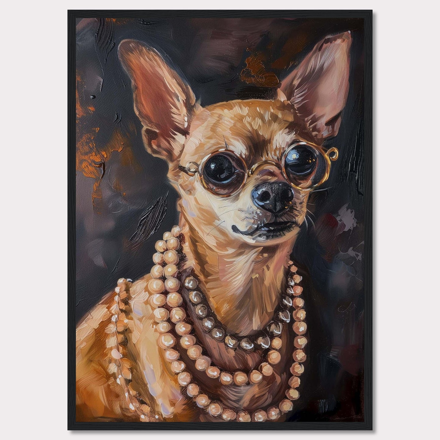 This captivating artwork features a stylish Chihuahua wearing round glasses and multiple strands of pearls. The painting exudes elegance and charm, making it a perfect statement piece for any room.