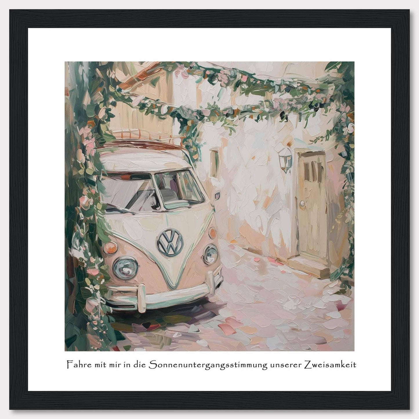 This charming painting depicts a vintage van parked in a quaint alleyway, surrounded by lush greenery and flowers. The soft pastel colors and impressionistic style create a dreamy, nostalgic atmosphere.