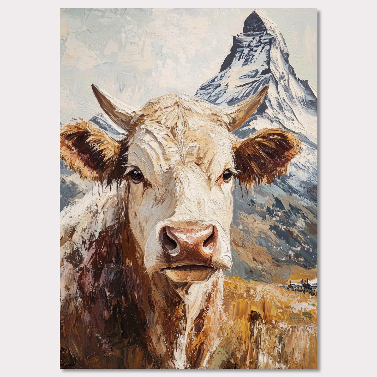 This vibrant poster celebrates the rustic charm of Swiss alpine life, featuring a close-up portrait of a majestic cow with the Matterhorn mountain towering in the background. The bold, textured brushstrokes create a painterly effect, bringing out the earthy tones of the cow and the dramatic snow-capped peak. This artwork reflects the connection between nature, rural traditions, and the iconic landscapes of Zermatt.