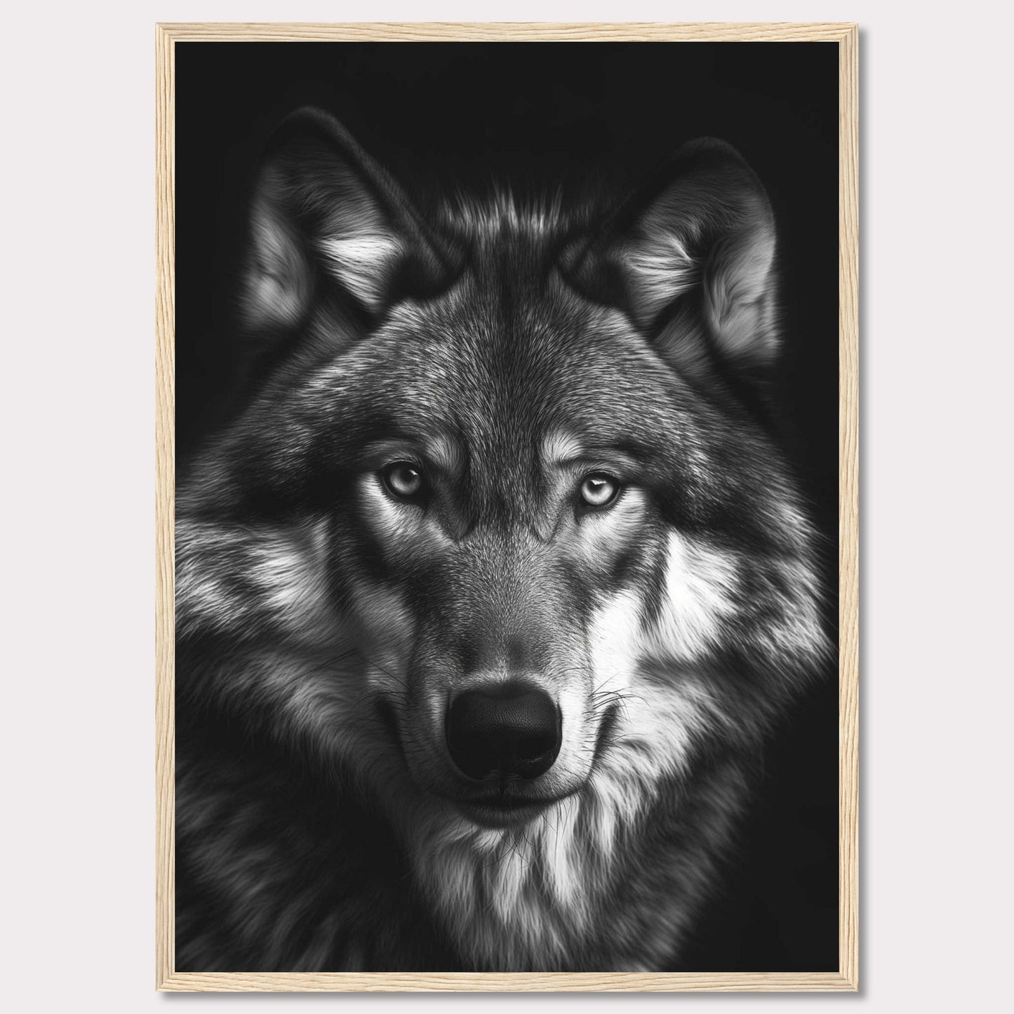 Immerse yourself in the captivating gaze of a majestic wolf with this stunning black and white portrait. The detailed fur, intense eyes, and powerful presence make this artwork a striking addition to any space.