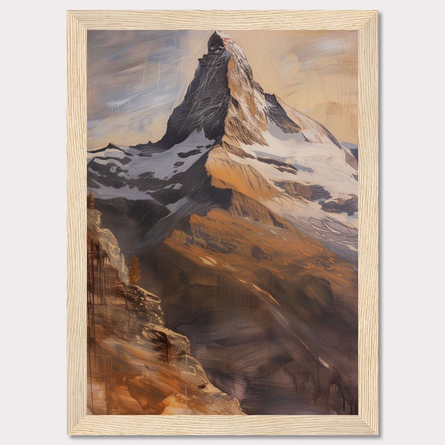 This stunning artwork captures the majestic beauty of a towering mountain peak bathed in warm, golden light. The painting showcases the rugged textures and dramatic contrasts of the rocky terrain, with snow-capped sections adding to its grandeur.