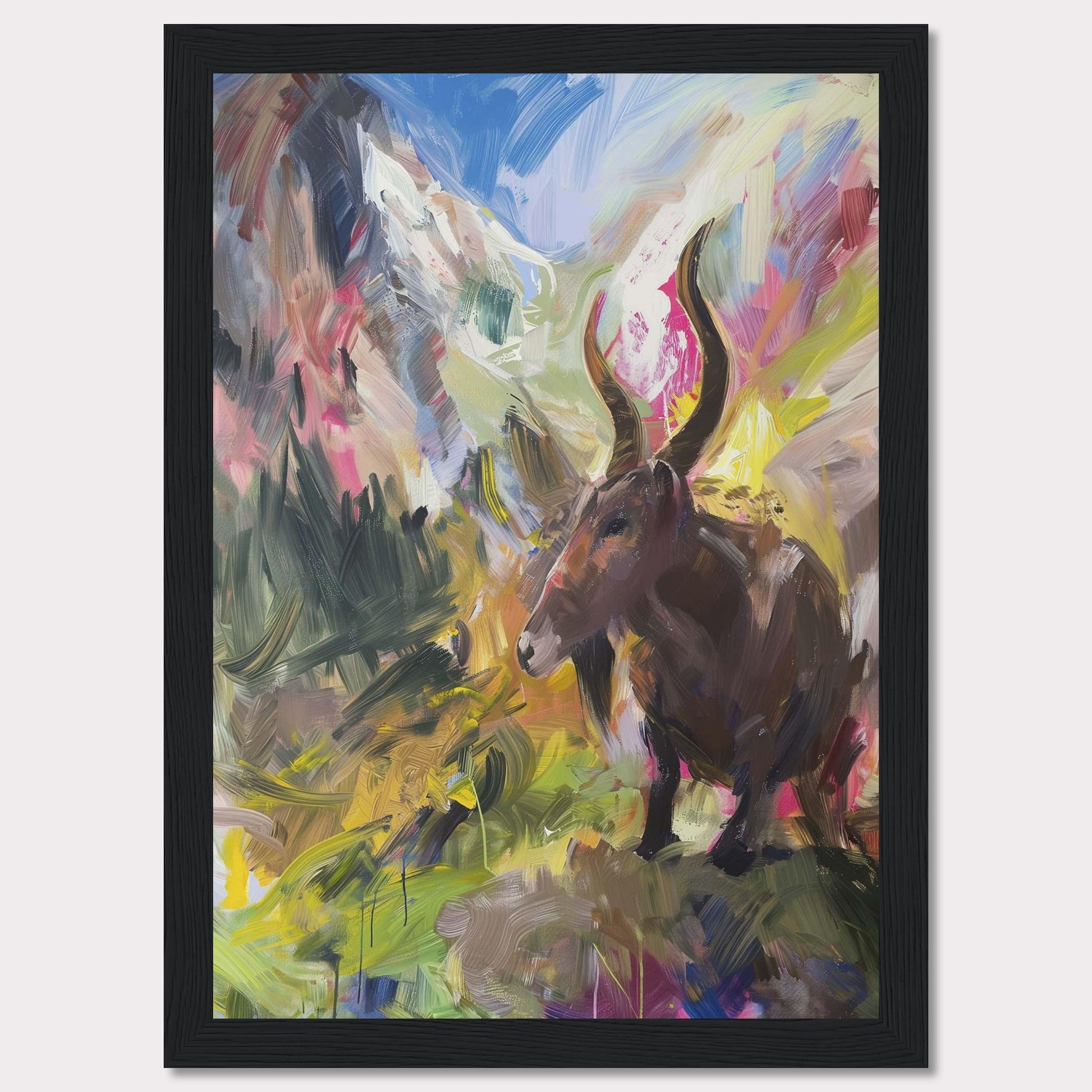 This vibrant painting captures a majestic animal with large horns standing amidst a colorful, abstract landscape. The background features dynamic brushstrokes of mountains, sky, and foliage, blending together in an explosion of colors.