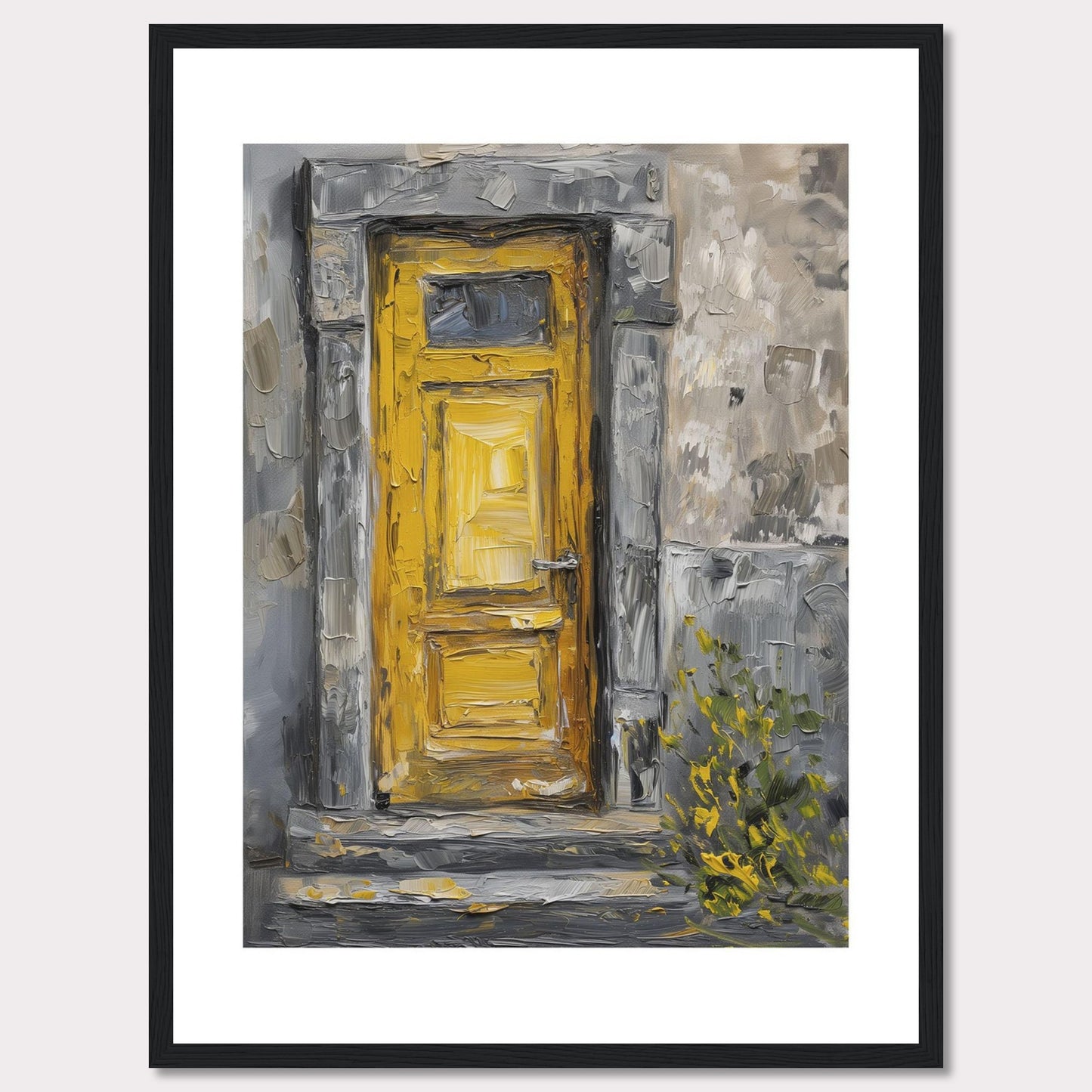 This image showcases a beautiful painting of a vibrant yellow door set within a textured, weathered stone wall. The artwork captures the rustic charm and character of an old building, with hints of greenery peeking through at the bottom right corner.