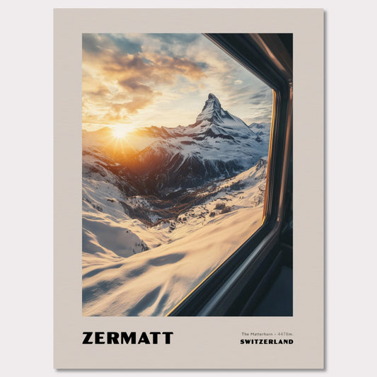 A stunning view of the Matterhorn bathed in golden sunset hues. Towering at 4478 meters, this legendary mountain has always drawn adventurers and travelers. The warm colors of the sunset create an extraordinary atmosphere, while the snow-covered slopes emphasize the purity and majesty of nature.