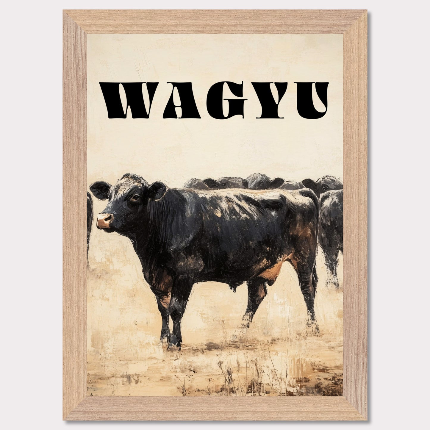 This image features a striking illustration of a Wagyu cow standing prominently in the foreground. The word "WAGYU" is boldly displayed at the top in large, black letters. The background shows more cows, adding depth to the scene.