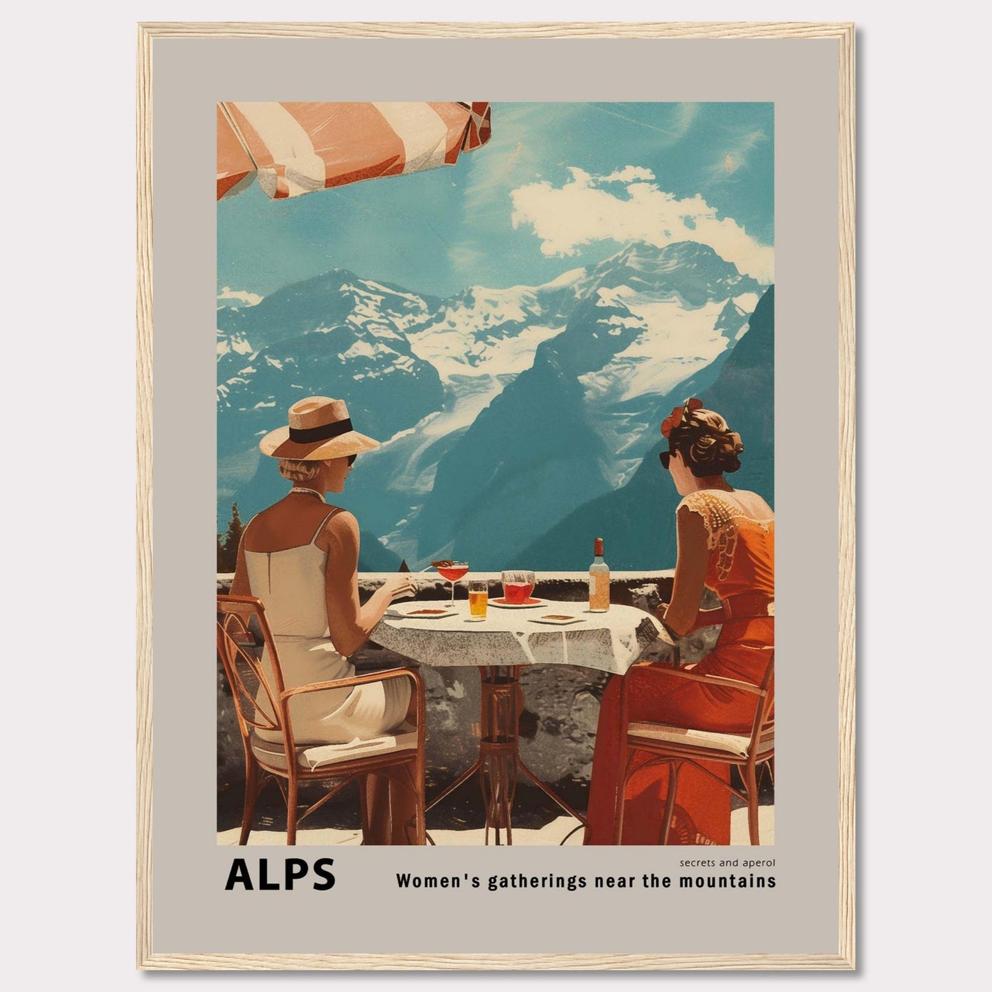 A beautiful vintage-style poster depicting two women enjoying a drink at a table with a stunning view of the Alps mountains in the background.