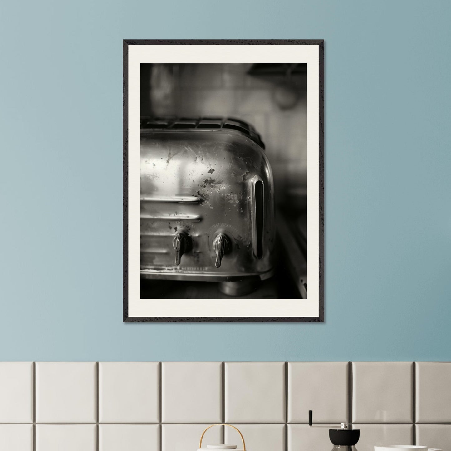 This illustration depicts a close-up view of a vintage toaster in black and white.