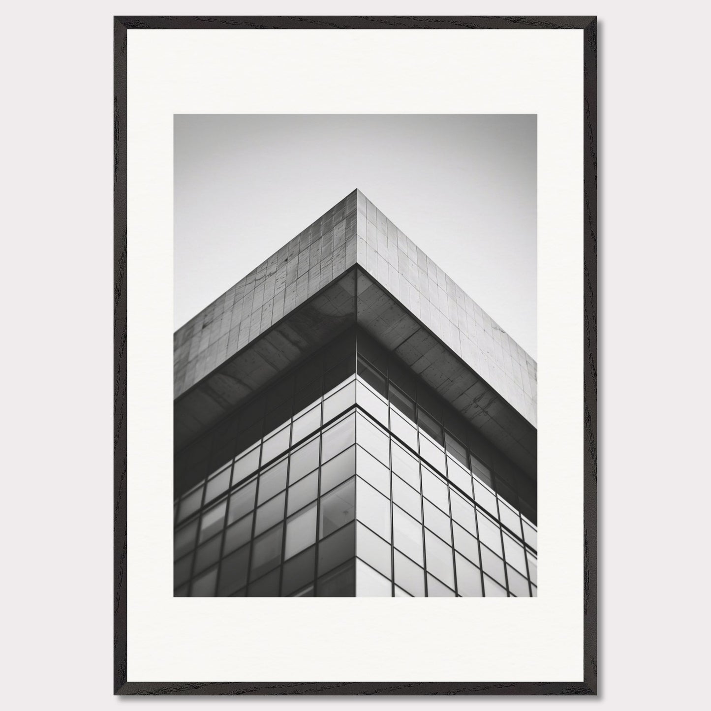 This striking black and white photograph captures the sharp, geometric lines of a modern architectural structure. The image focuses on the corner of a building, emphasizing its sleek glass windows and concrete elements.