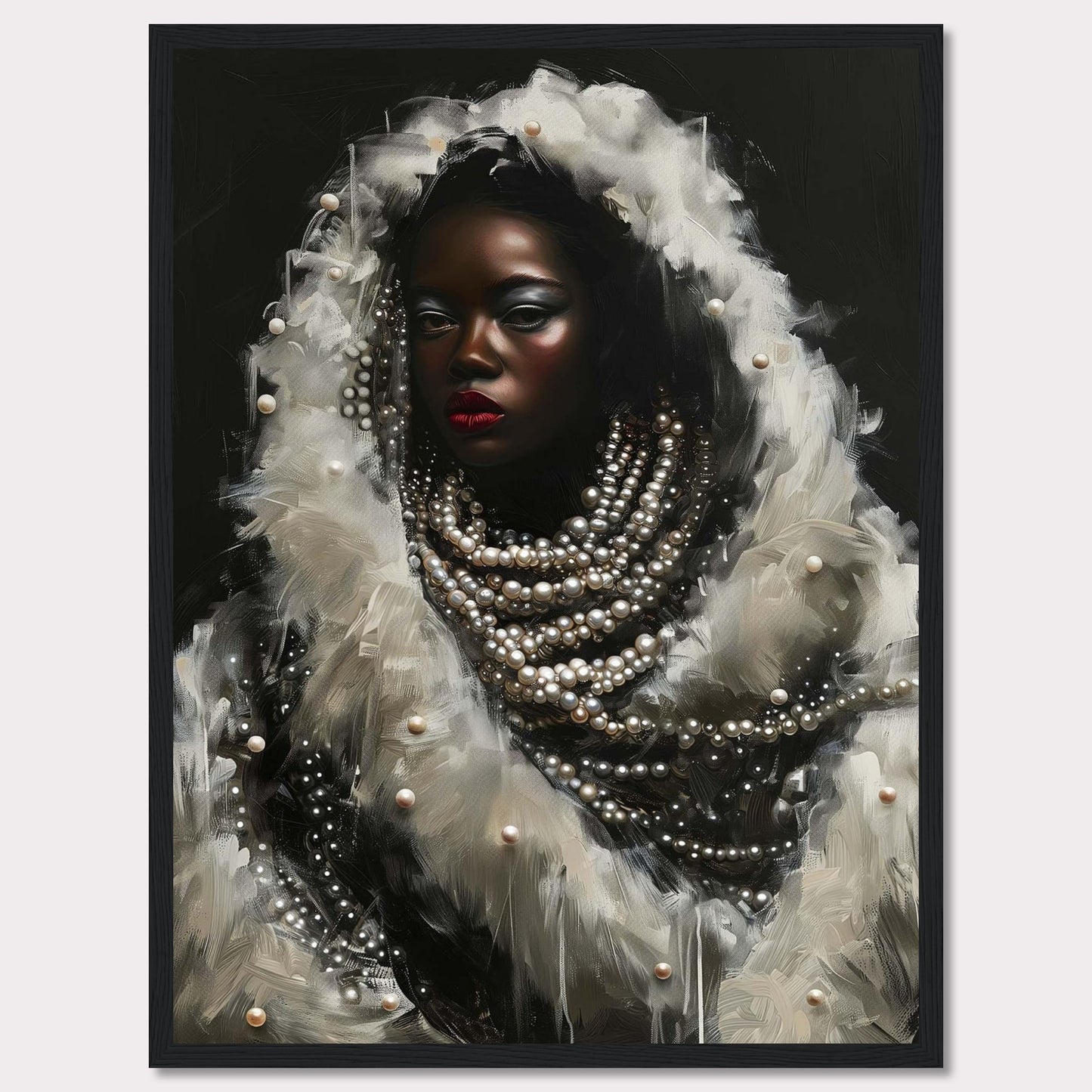 This captivating artwork features a striking portrait of a woman adorned with layers of pearls and white feathers. The dark background accentuates her luminous skin and bold red lips, creating a dramatic contrast. The intricate details of the pearls and feathers add a sense of luxury and elegance to the piece.