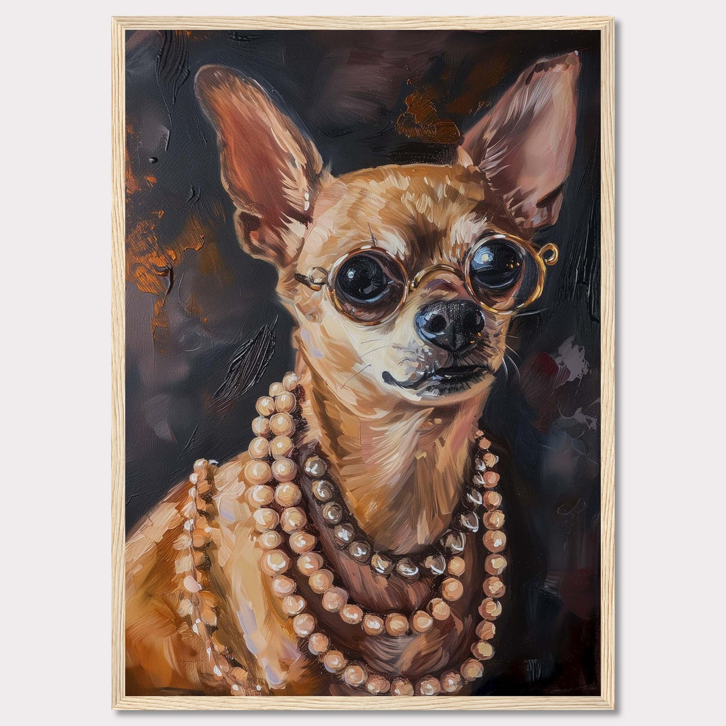 This captivating artwork features a stylish Chihuahua wearing round glasses and multiple strands of pearls. The painting exudes elegance and charm, making it a perfect statement piece for any room.