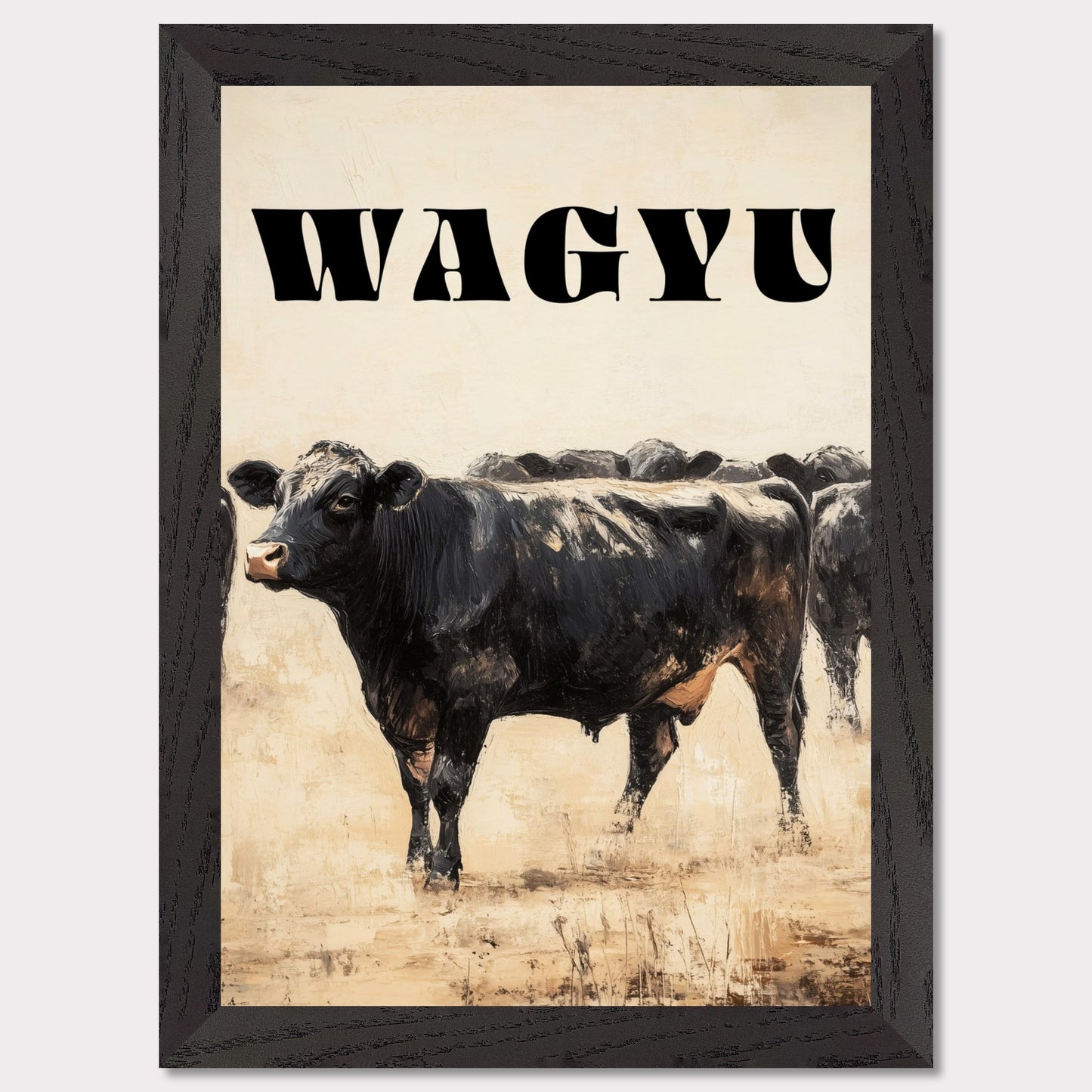 This image features a striking illustration of a Wagyu cow standing prominently in the foreground. The word "WAGYU" is boldly displayed at the top in large, black letters. The background shows more cows, adding depth to the scene.