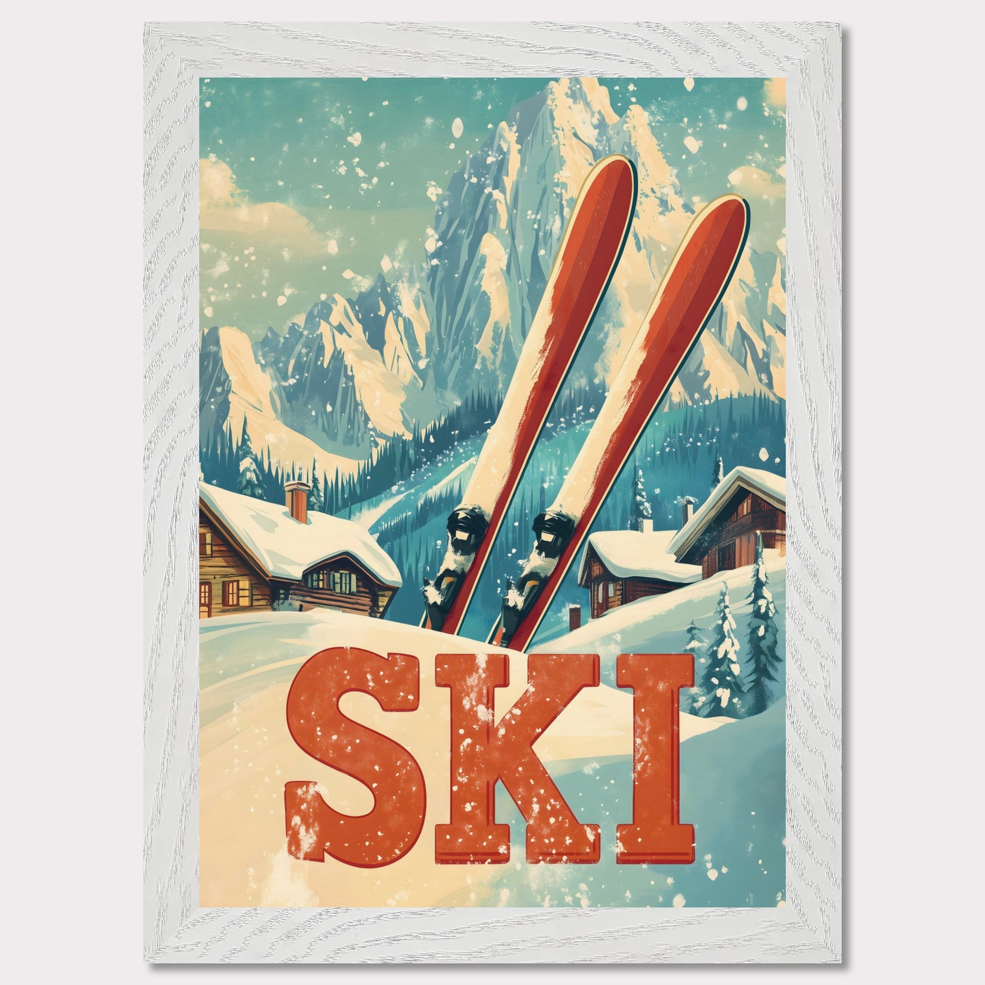 This captivating poster evokes the thrill of retro skiing with its vibrant and colorful design. Featuring a vintage-inspired skier mid-descent against a backdrop of majestic alpine peaks, it captures the essence of a bygone era of adventure. The dynamic composition and bold colors transport viewers to the golden age of skiing, making it an instant eye-catcher.