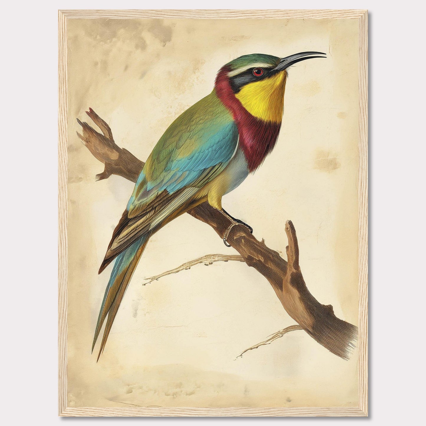 This captivating artwork features a vibrant bird perched on a branch, showcasing its colorful plumage. The background is a soft, muted beige that highlights the bird's bright hues. The bird's feathers display a stunning array of colors, including green, blue, yellow, and red. The piece is framed in a simple black frame that complements the artwork without detracting from it.