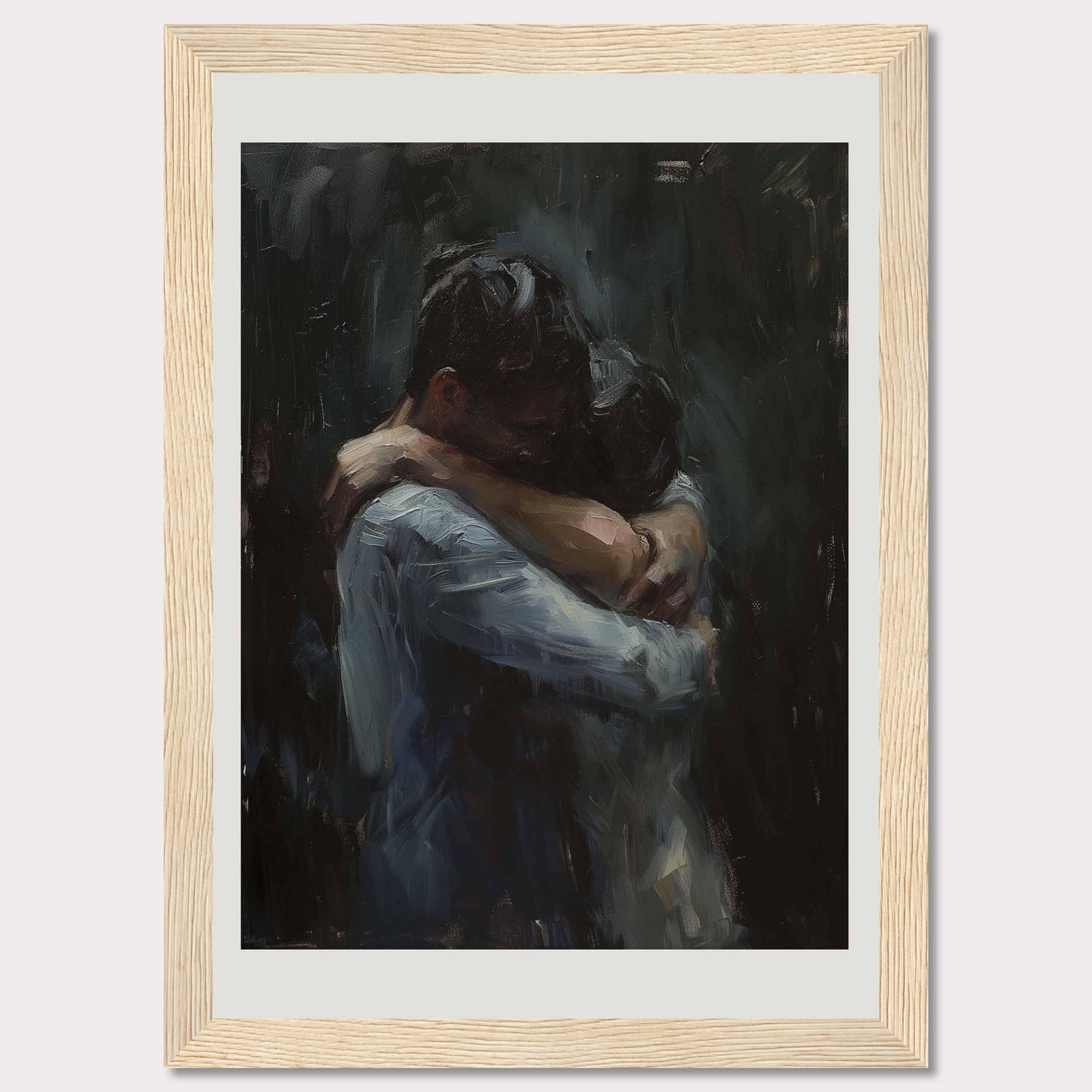 This evocative painting captures a tender embrace between two figures, conveying deep emotion and connection. The dark, muted tones enhance the intimacy of the moment, drawing the viewer into the scene.