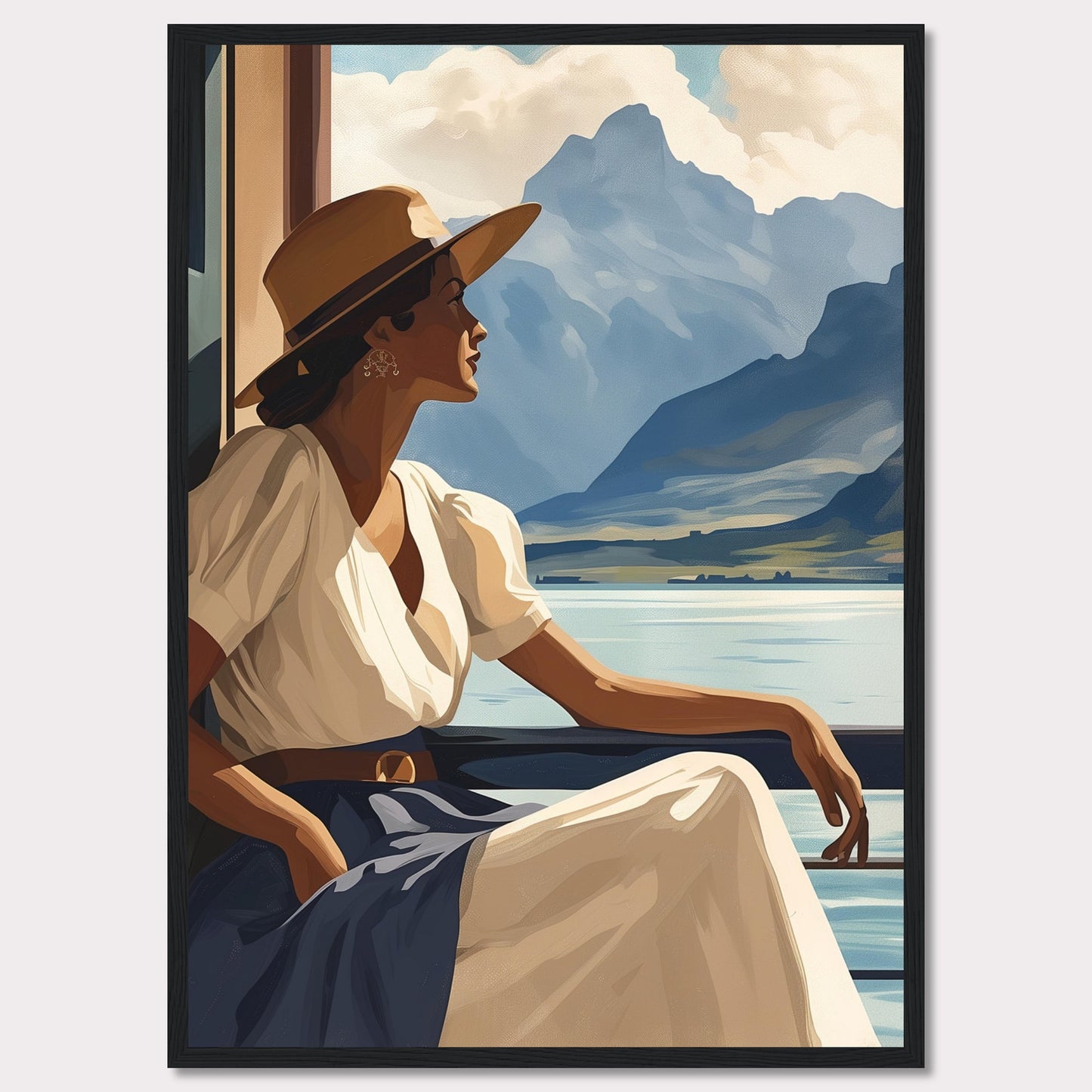 This captivating artwork features a serene woman in a white dress and wide-brimmed hat, gazing out at a tranquil lake with majestic mountains in the background. The scene evokes a sense of peace and contemplation, inviting viewers to pause and appreciate the beauty of nature.