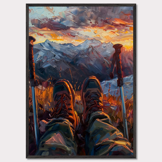 This illustration depicts a serene mountain landscape at sunset, viewed from the perspective of a hiker resting with their legs stretched out.