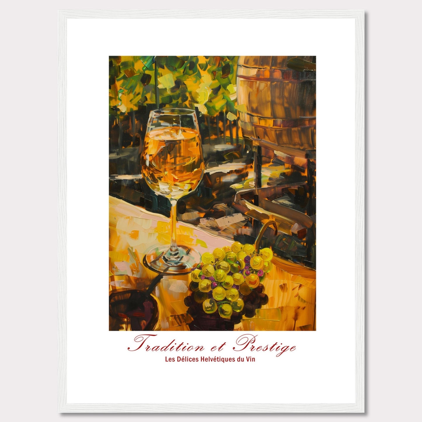 This image showcases a beautifully painted scene of a wine glass filled with white wine, set against a backdrop of a vineyard. The painting captures the essence of tradition and prestige in winemaking.