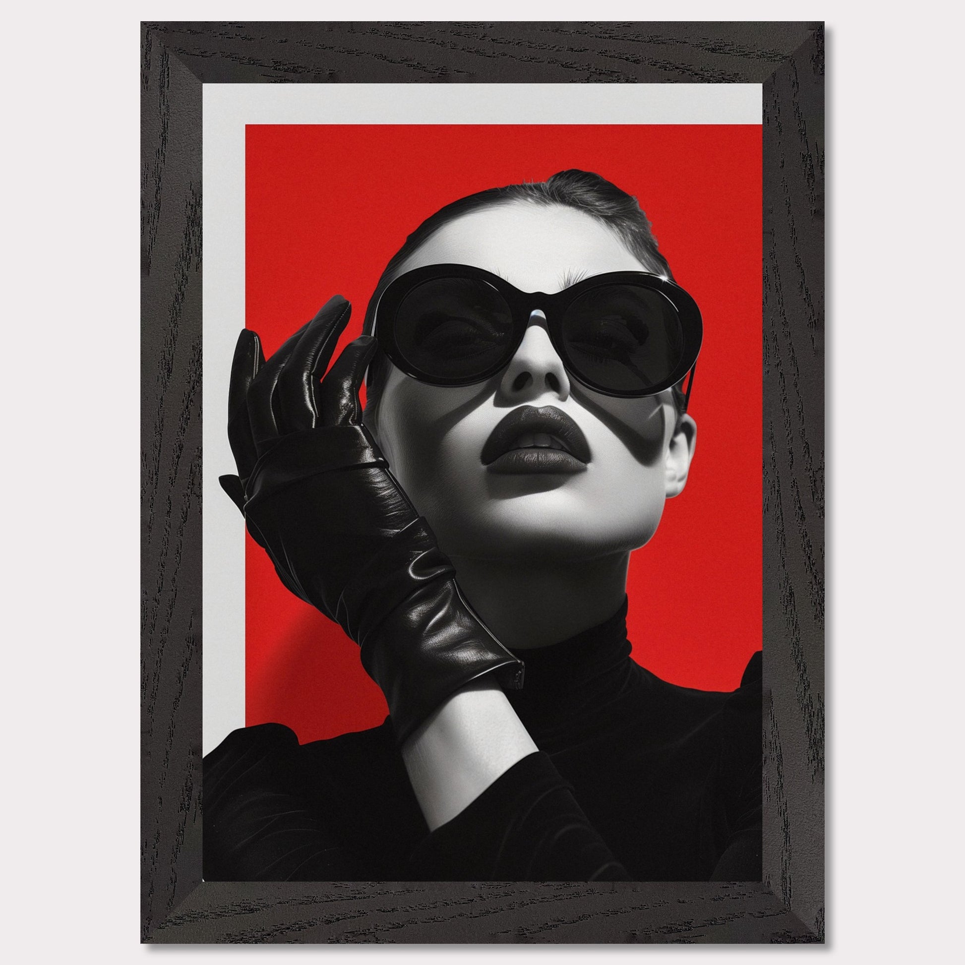 This striking black and white portrait features a stylish woman against a bold red background. Her look is accentuated by oversized sunglasses, dark lipstick, and sleek leather gloves, exuding an air of mystery and sophistication.