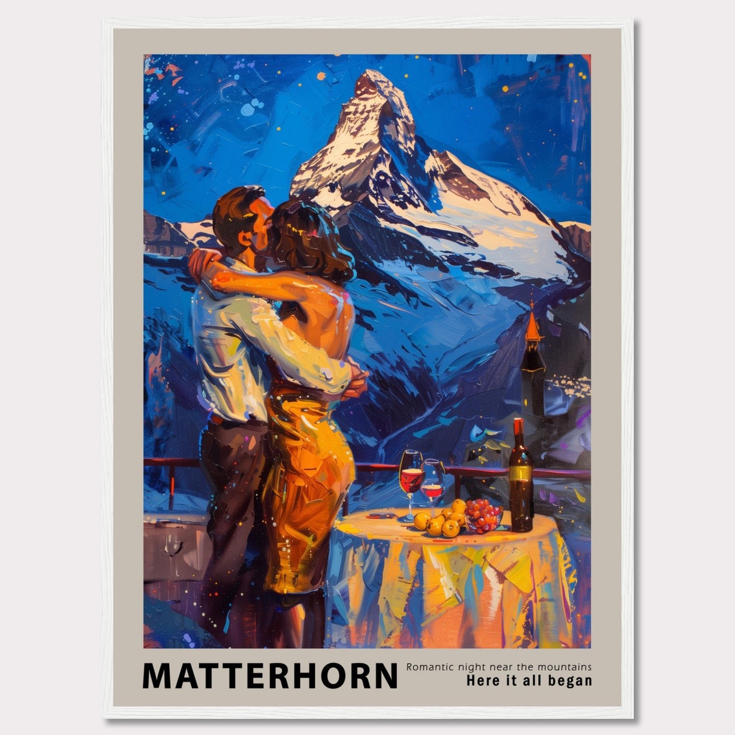 A romantic painting depicting a couple embracing near the Matterhorn mountain.