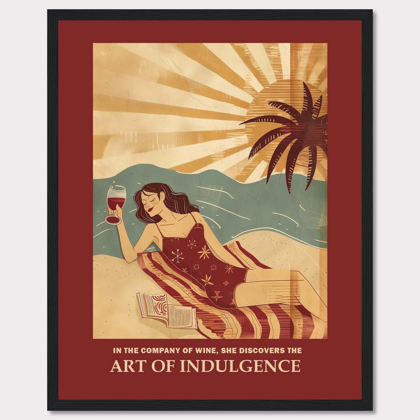 This vibrant poster features a woman relaxing on a beach with a glass of wine. The sun is setting behind a palm tree, casting warm rays over the scene. She is lying on a striped blanket with an open book beside her, embodying a moment of pure relaxation and indulgence.