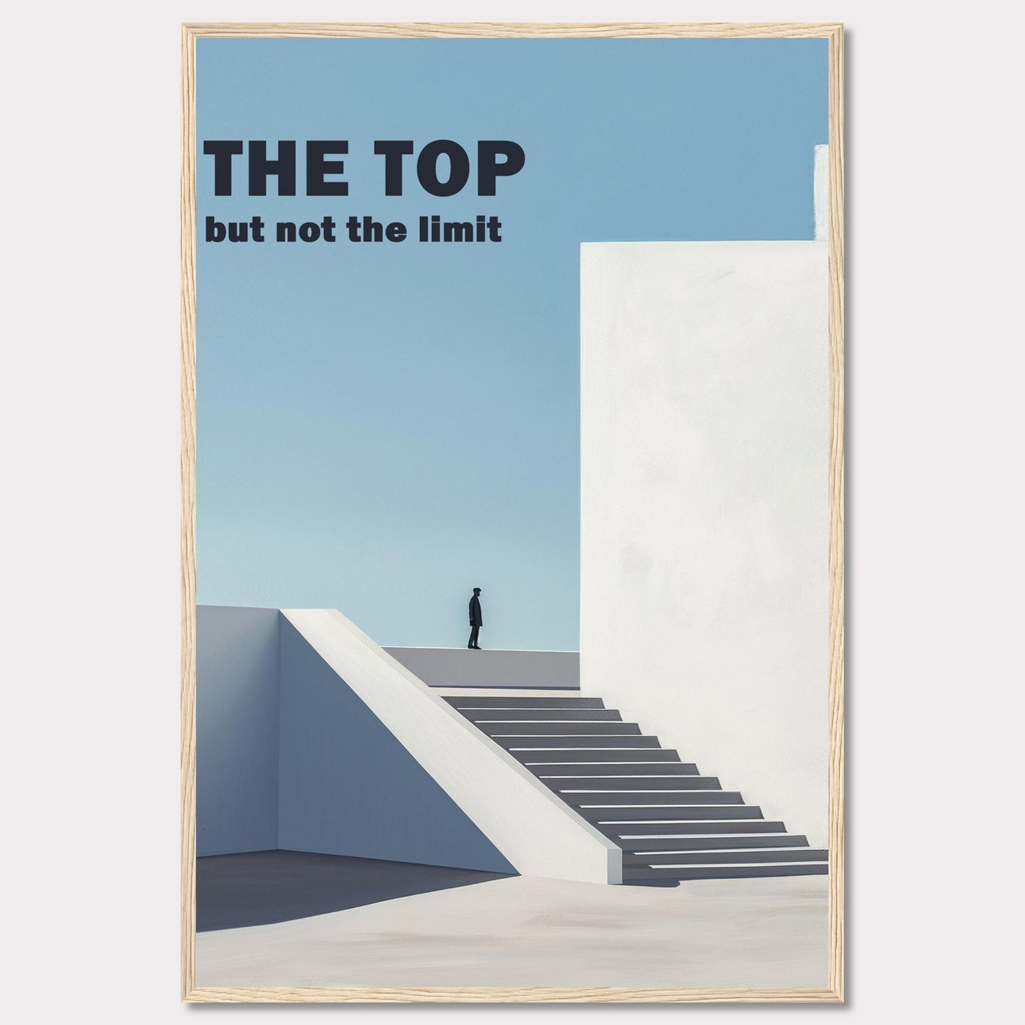 This minimalist poster features a person standing at the top of a staircase, gazing into the horizon. The bold text reads "THE TOP but not the limit," inspiring viewers to reach beyond their perceived boundaries.