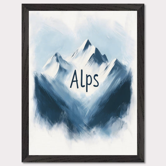 This minimalistic poster captures the raw beauty of alpine peaks, portrayed in a painterly, soft blue tone. The ethereal ambiance evokes a sense of peace and awe, celebrating the untouched splendor of nature.