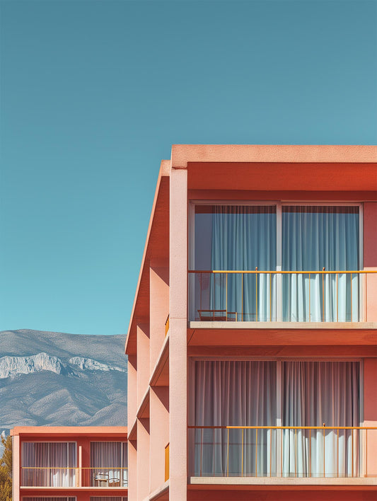 Pink houses with mountains in the background - ArtDarts poster