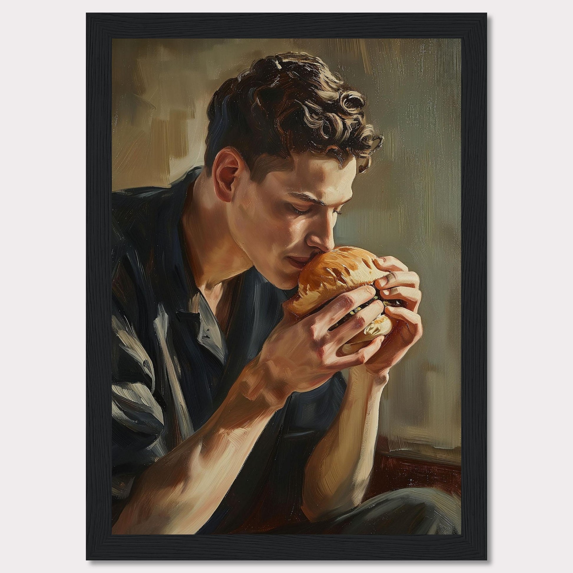 This captivating painting depicts a young man deeply savoring the aroma of a freshly made burger. The rich, detailed brushstrokes highlight the intensity of the moment, capturing a sense of appreciation and contentment.