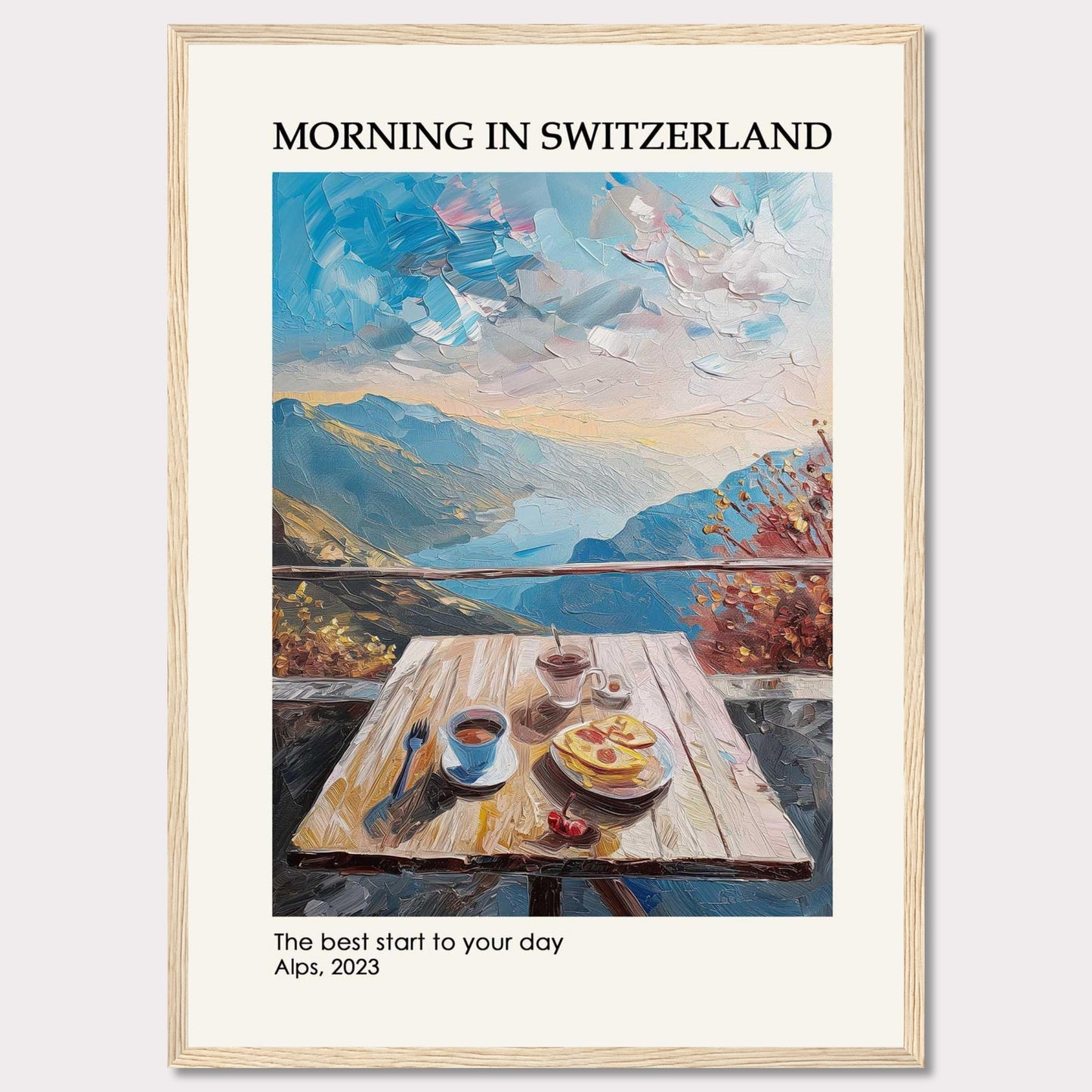 A serene morning in the Swiss Alps is depicted in this beautiful painting. The image showcases a wooden table set with a delightful breakfast, including coffee and pastries, against the backdrop of majestic mountains and a vibrant sky.