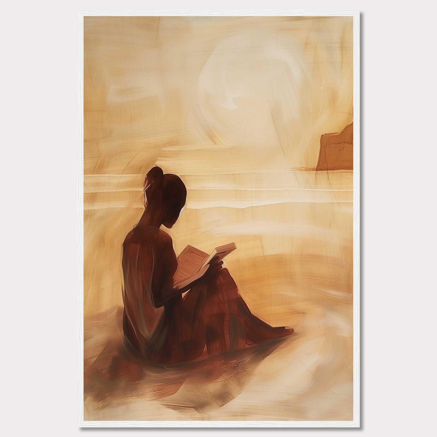 This serene painting captures a solitary figure engrossed in a book, seated on a tranquil beach with the sun setting in the background.