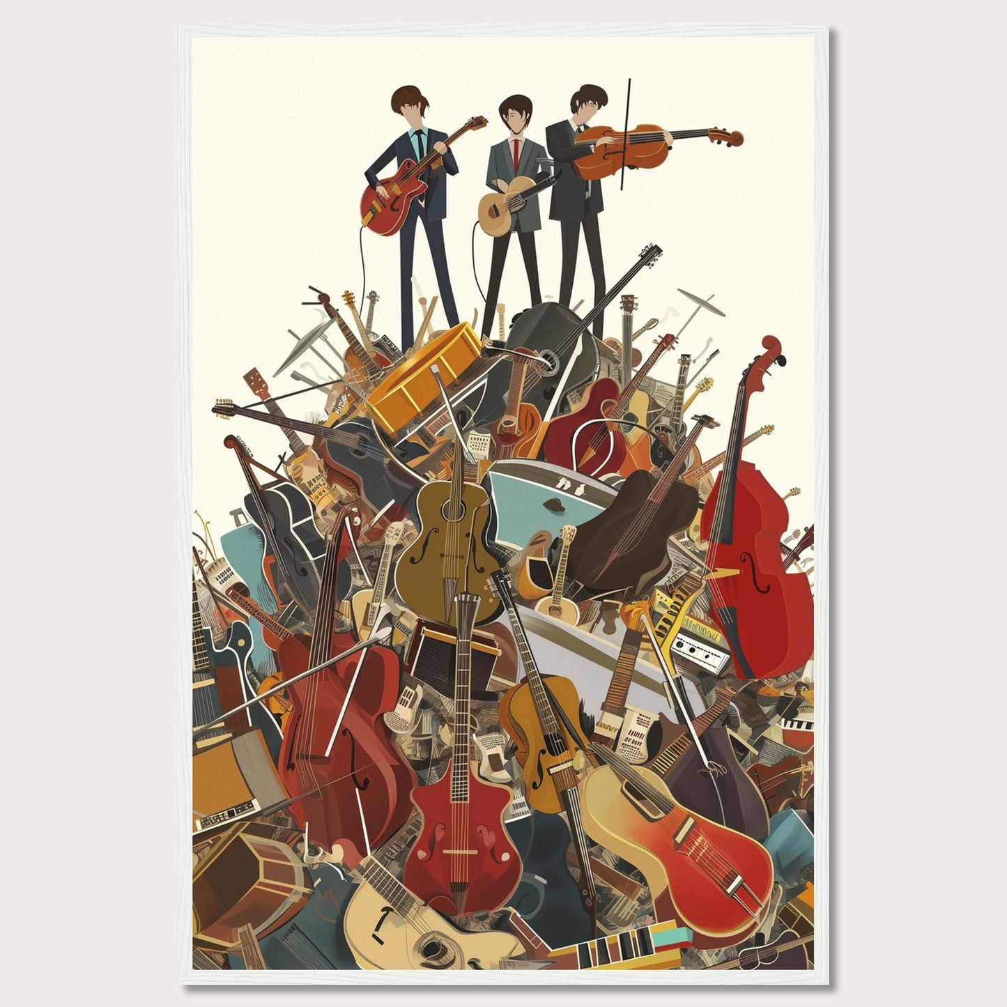 This vibrant illustration captures three musicians standing atop a towering pile of various musical instruments. The scene is filled with guitars, violins, cellos, drums, and more, creating a lively and energetic atmosphere.