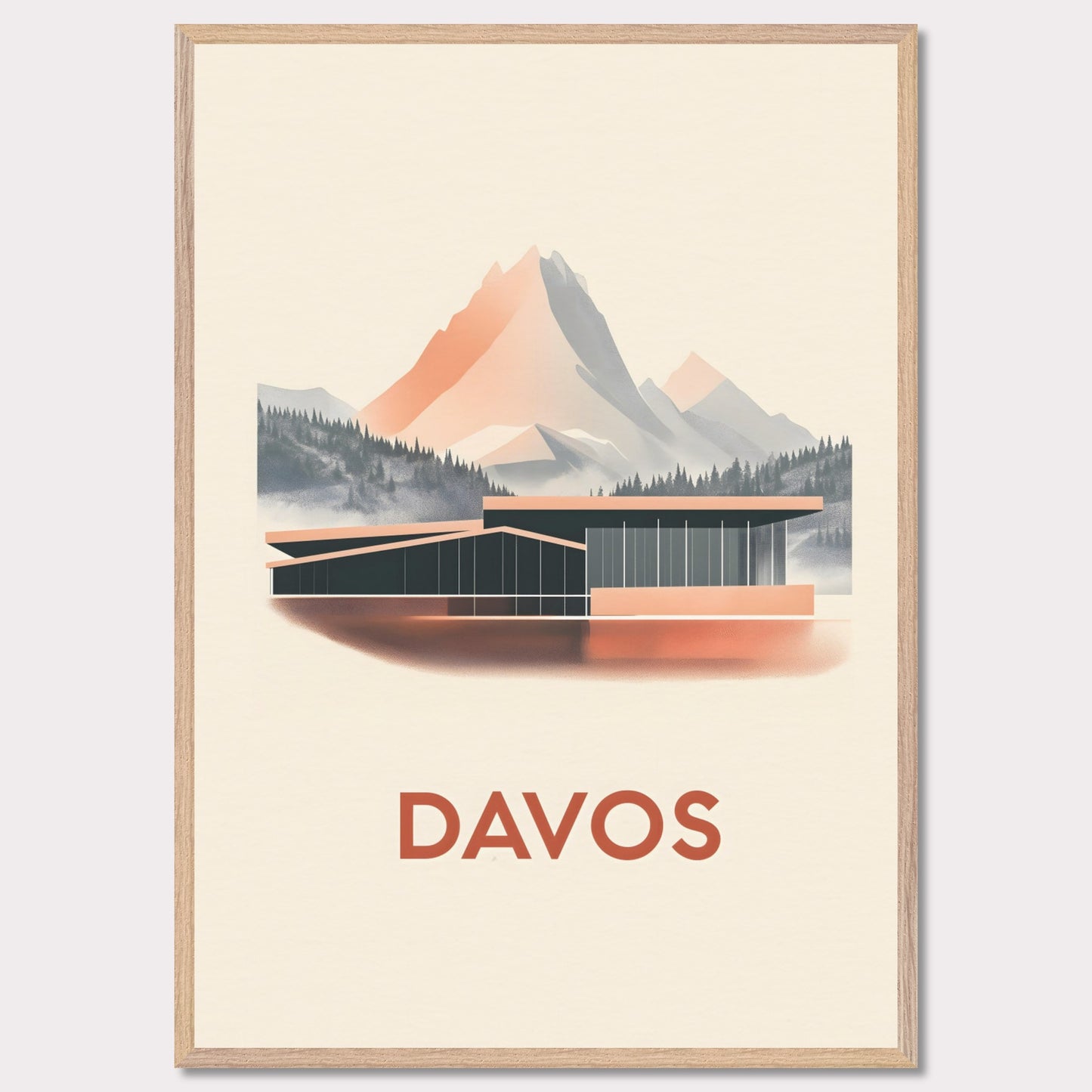 A refined travel poster showcasing Davos' modern architecture against breathtaking alpine peaks. The sleek lines of the building contrast harmoniously with the rugged mountains, embodying the balance between innovation and nature.