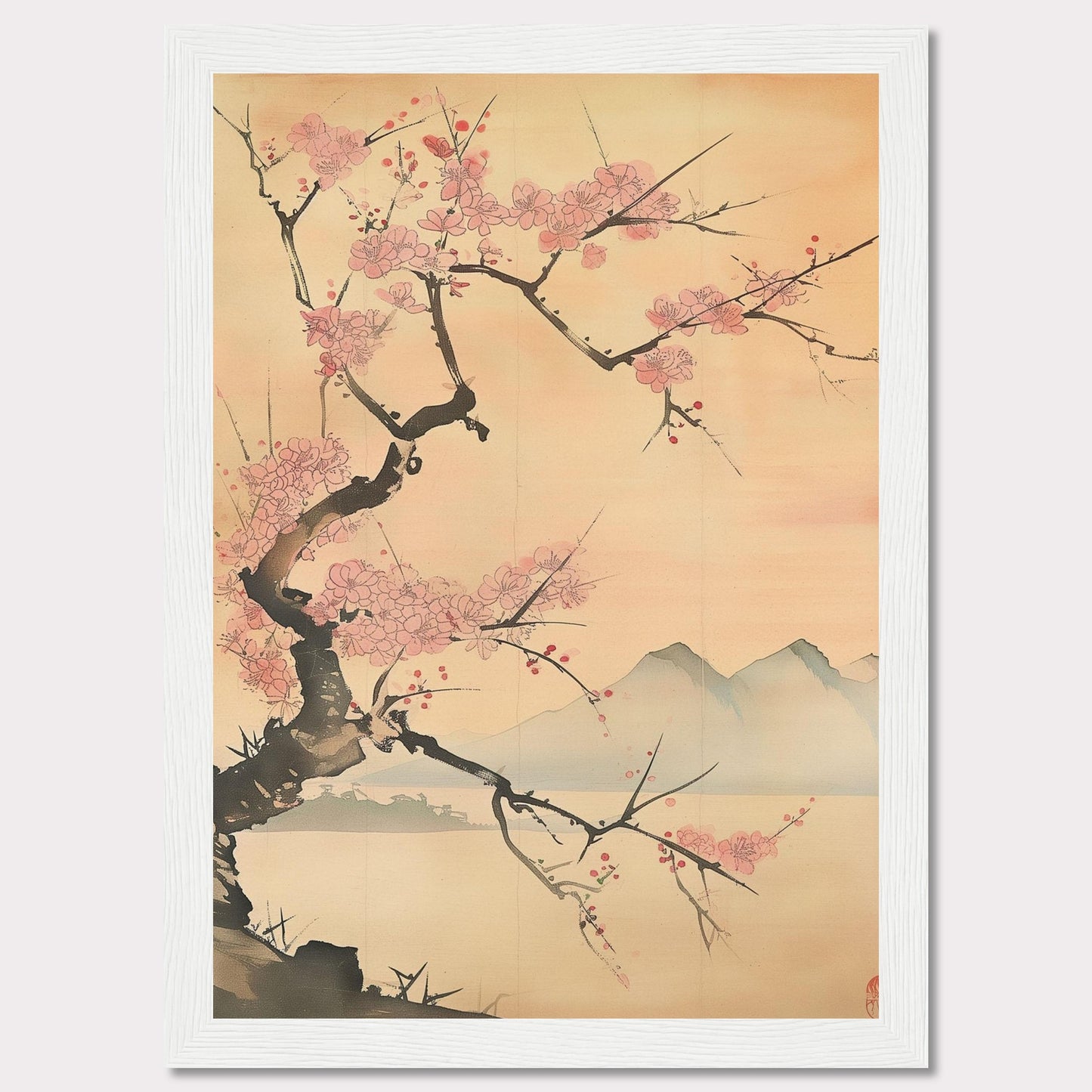 This beautiful artwork features a delicate cherry blossom tree in full bloom against a serene backdrop of distant mountains. The soft pastel hues create a tranquil and calming atmosphere, perfect for any living space.