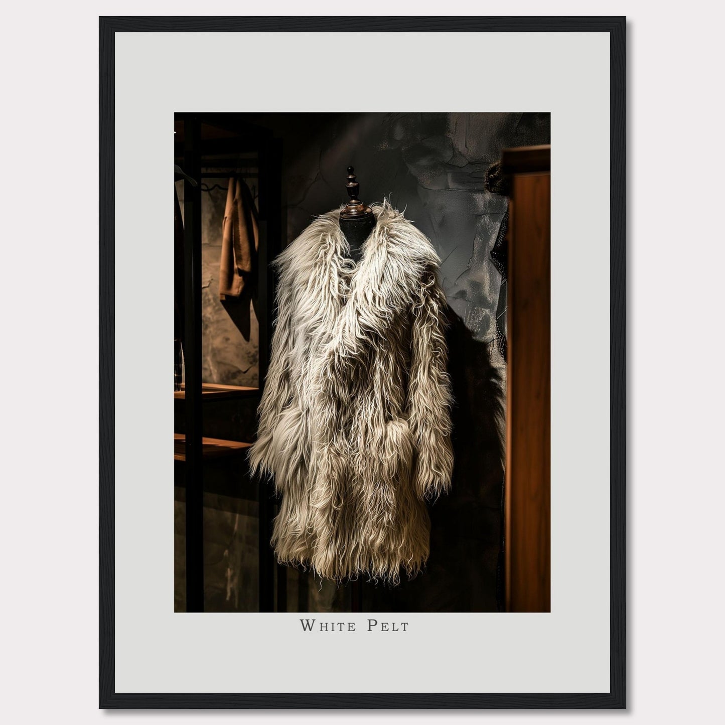 This captivating image showcases a luxurious, white pelt coat displayed on a mannequin in an elegant setting.