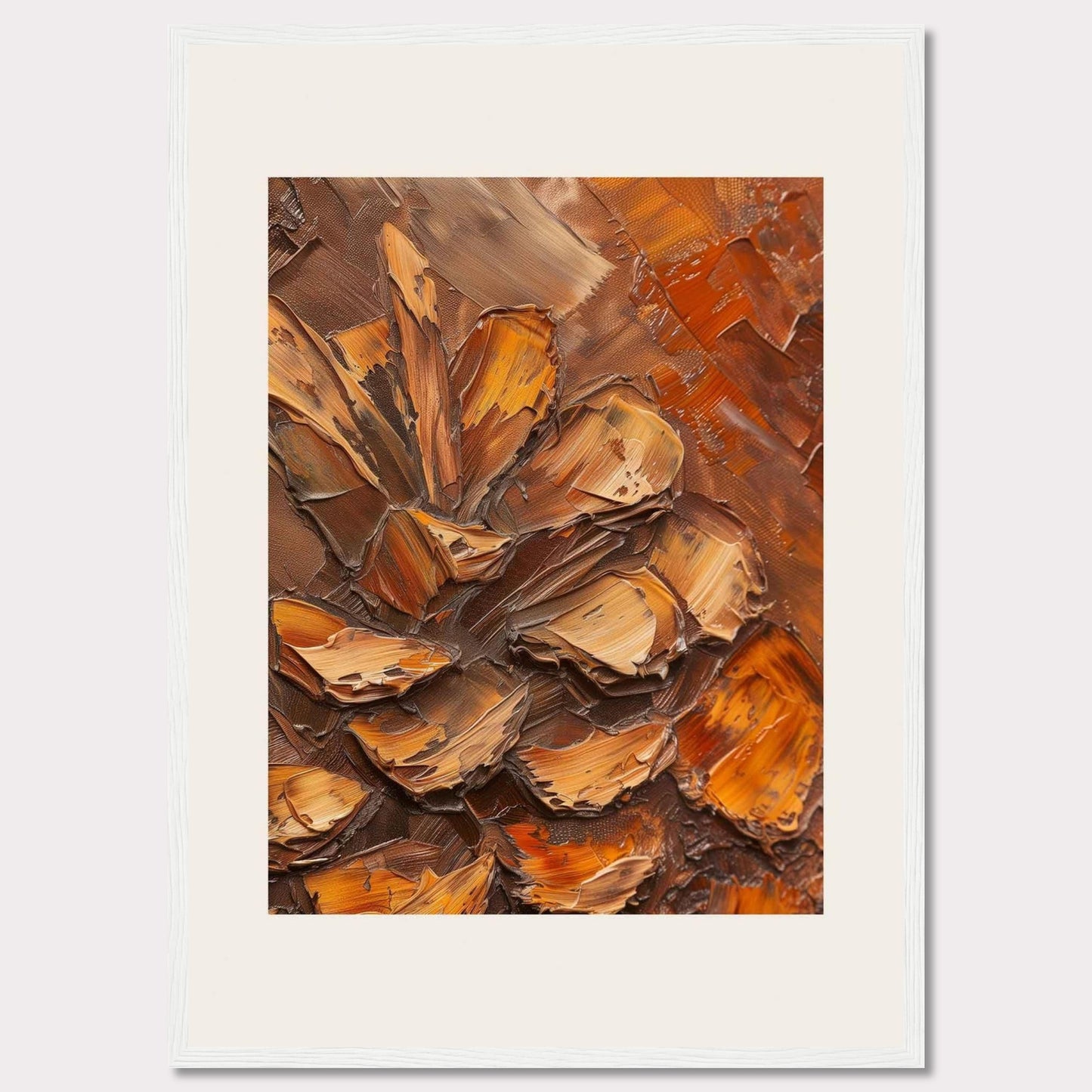 This image showcases a textured painting of a pine cone, rendered in rich, earthy tones. The thick, impasto technique gives the artwork a three-dimensional feel, making the pine cone appear almost lifelike. The painting is framed in a sleek black frame with a white matting that enhances its visual appeal.