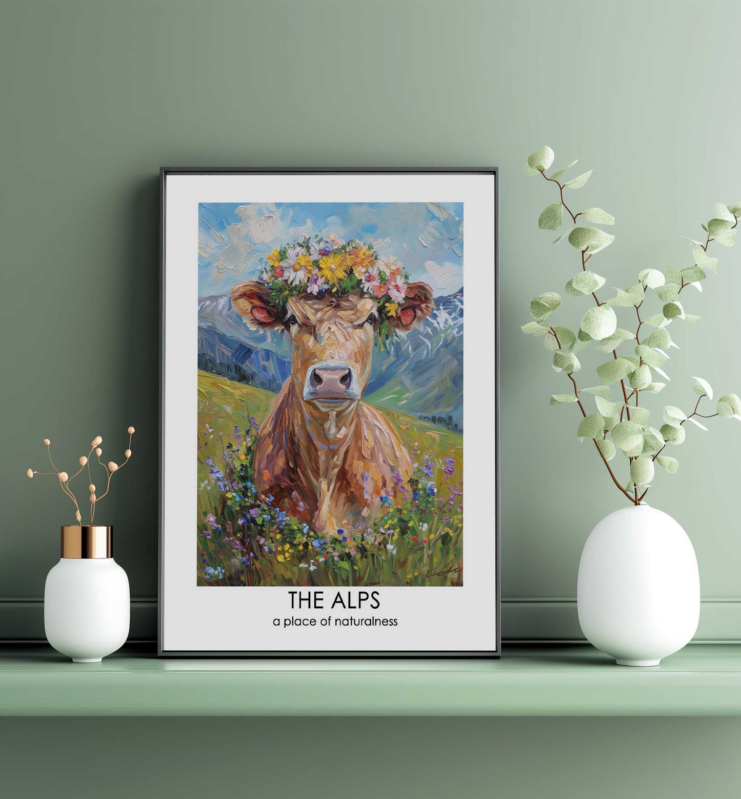 Fluffy cow in a wreath Poster - ArtDarts poster