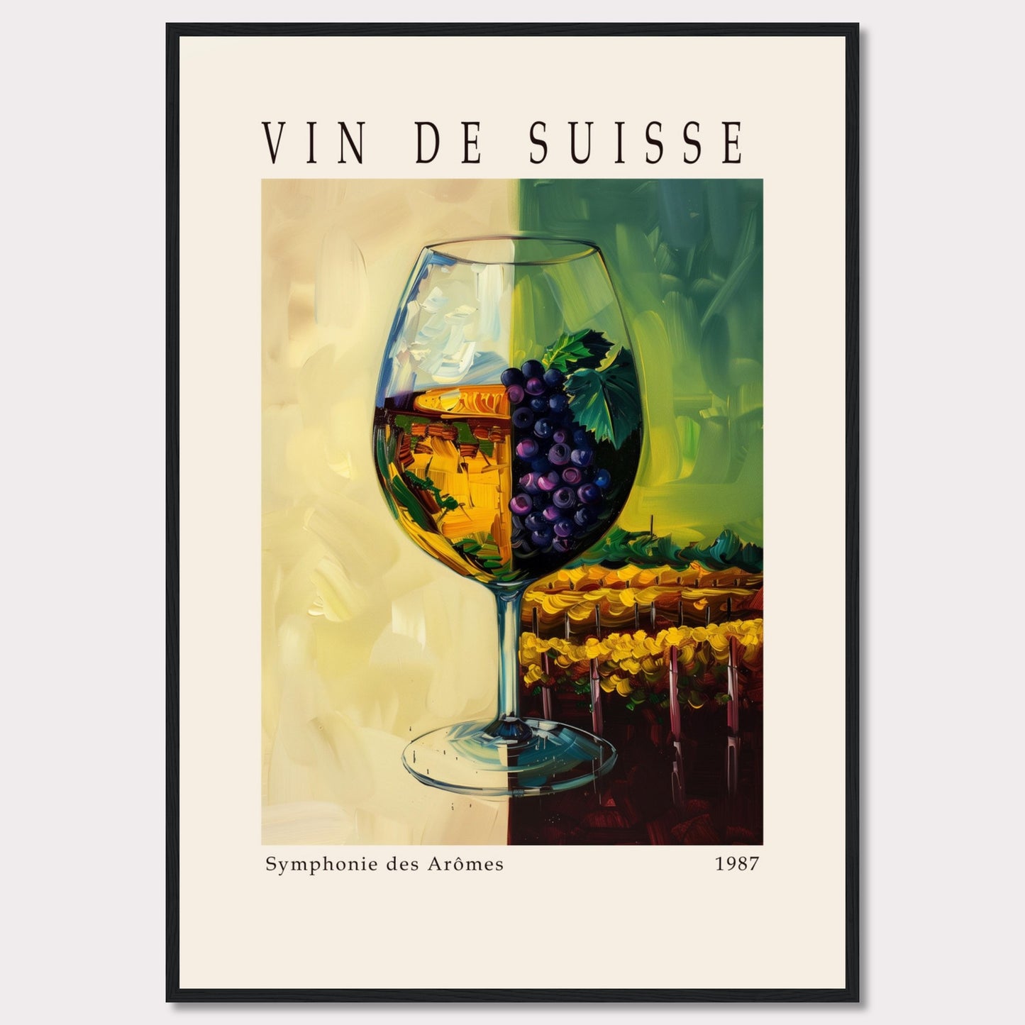 This vibrant poster showcases a wine glass filled with white wine, adorned with a cluster of purple grapes and green leaves. The background features a picturesque vineyard scene, split into two contrasting hues of yellow and green.