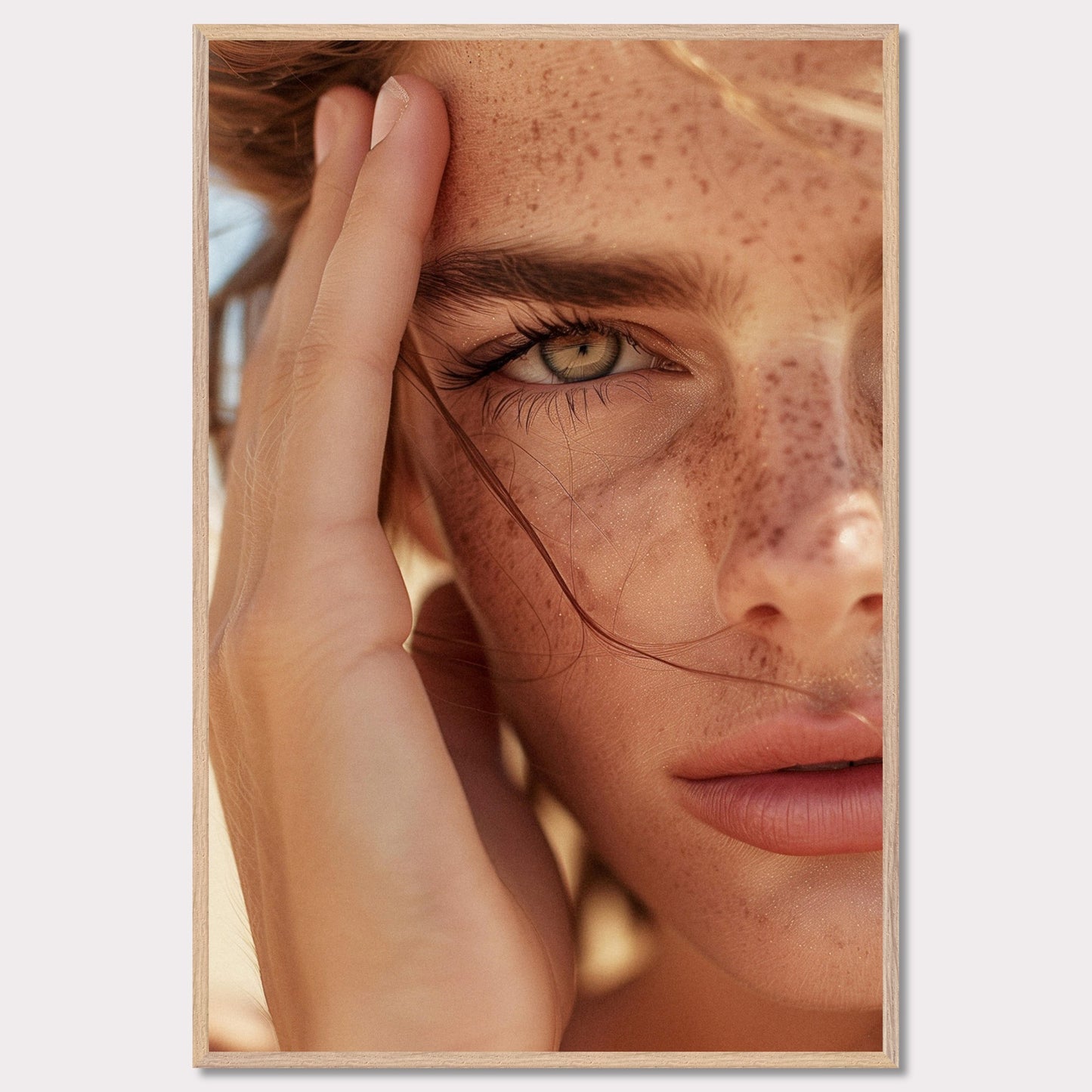 This captivating close-up portrait showcases the natural beauty of a person with freckles and an intense gaze.